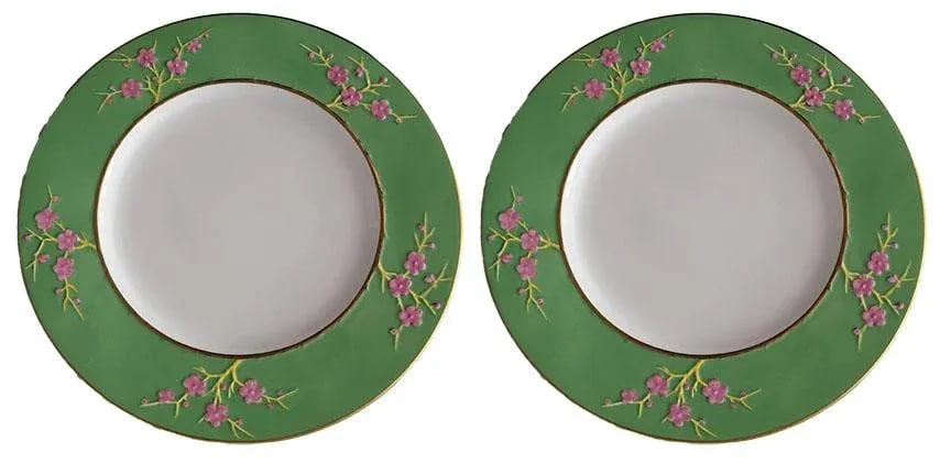 Pair Copeland Blanc De Chine Spode Dinner Plates - Wide Green Rim Pink Flowers - 2