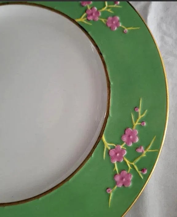 Pair Copeland Blanc De Chine Spode Dinner Plates - Wide Green Rim Pink Flowers - 3
