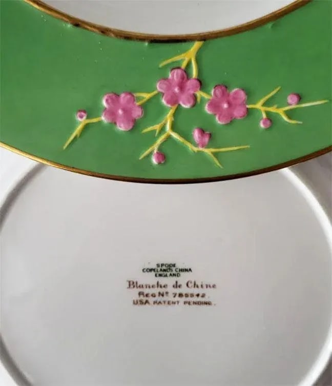 Pair Copeland Blanc De Chine Spode Dinner Plates - Wide Green Rim Pink Flowers - 4