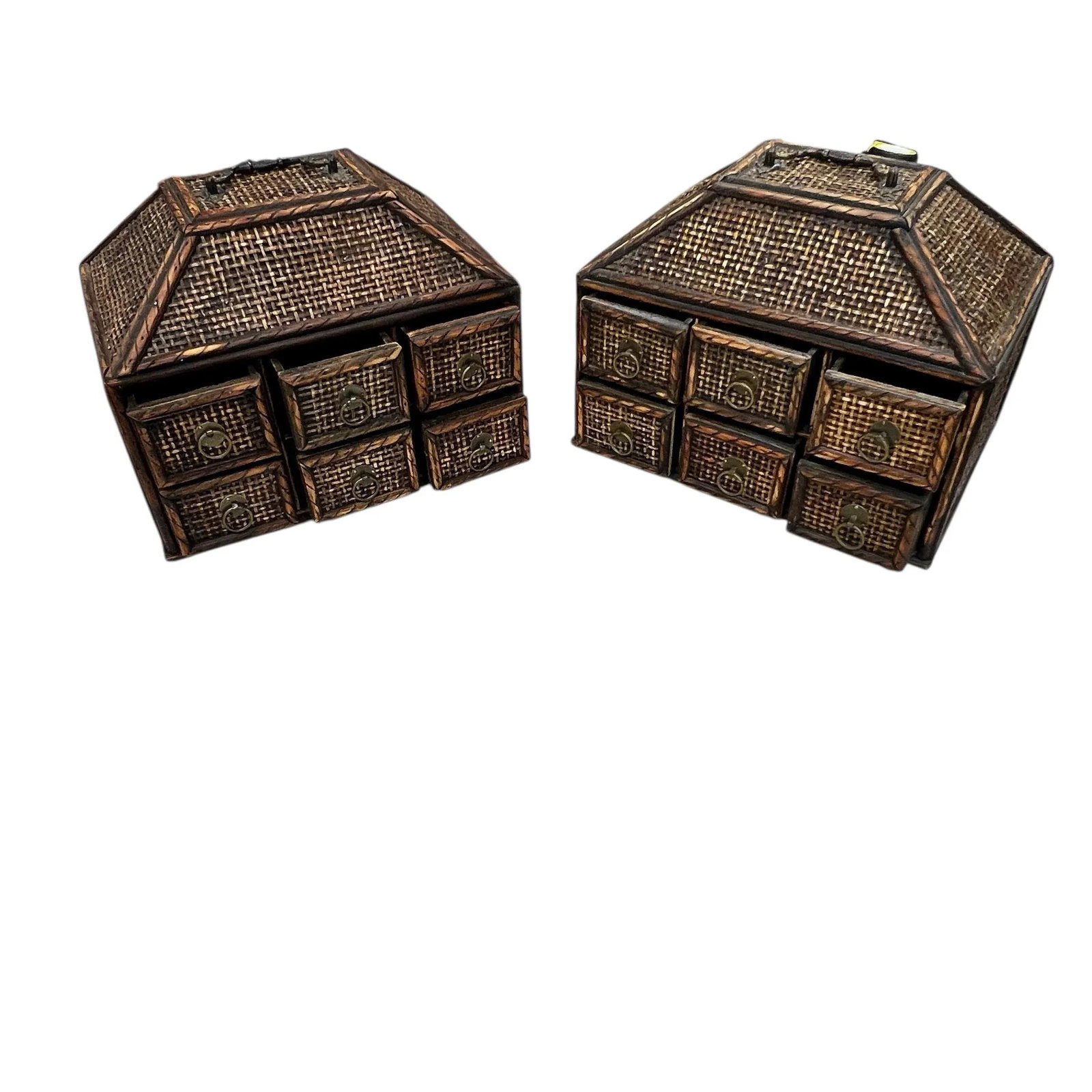 Vintage Woven Rattan British Colonial, West Indies Coastal Style Tabletop Six Drawer Storage Organiz - 5