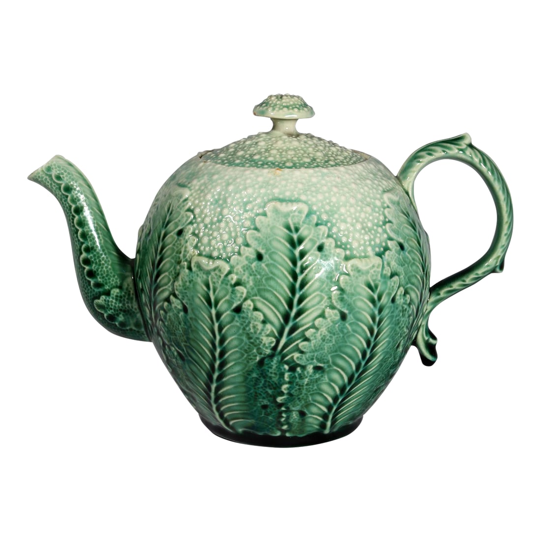 American Etruscan Majolica Teapot in the Form of a Cauliflower: Garden Whimsy: American Etruscan Majolica Cauliflower Teapot Griffen, Smith & Hill, Circa 1879. A delightful and highly collectible example of American Victorian majolica, produced under the famous "E