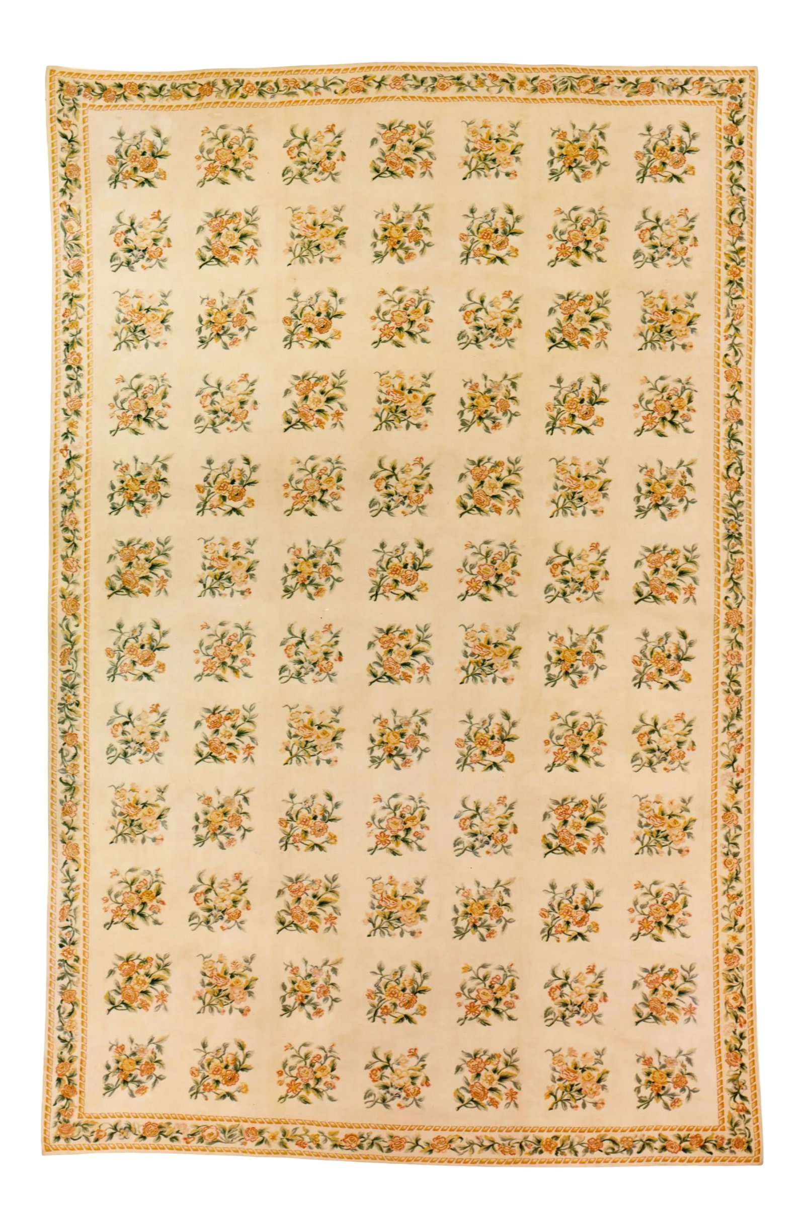 C. 1930s French Aubusson Palace Size Rug: Aubusson palace size carpet. An unusually restrained French Aubusson carpet in a continuous pattern of floral squares on a cream ground contained by a floral border. Elegant & simple. c. 1930s.