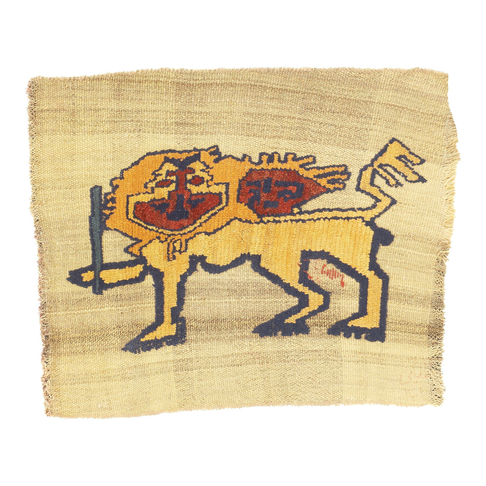 Antique Handwoven Gabbeh Palas Textile Art: This antique Gabbeh Palas rug, woven circa 1920, is a rare piece of Persian tribal art. It features a flat-woven wool base with a knotted pile animal motif, highlighting the craftsmanship of nomadic