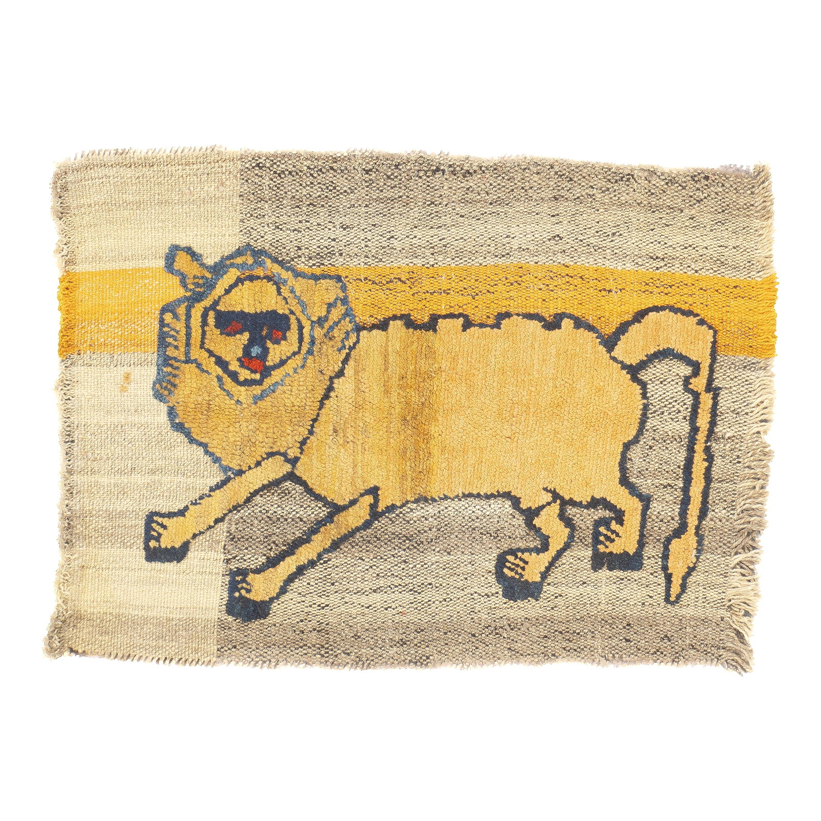 Antique Handwoven Gabbeh Palas Textile Art: This antique Gabbeh Palas rug, woven circa 1920, is a rare piece of Persian tribal art. It features a flat-woven wool base with a knotted pile animal motif, highlighting the craftsmanship of nomadic