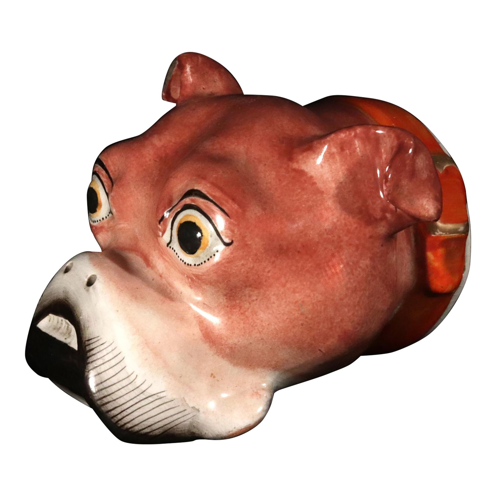Staffordshire Pottery Bulldog Stirrup Cup: Staffordshire Pearlware Pottery Bulldog Stirrup Cup, Circa 1820 The pearlware pottery stirrup cup is modeled in the form of a bulldog head and sports an orange collar with a gilt buckle. The dog has