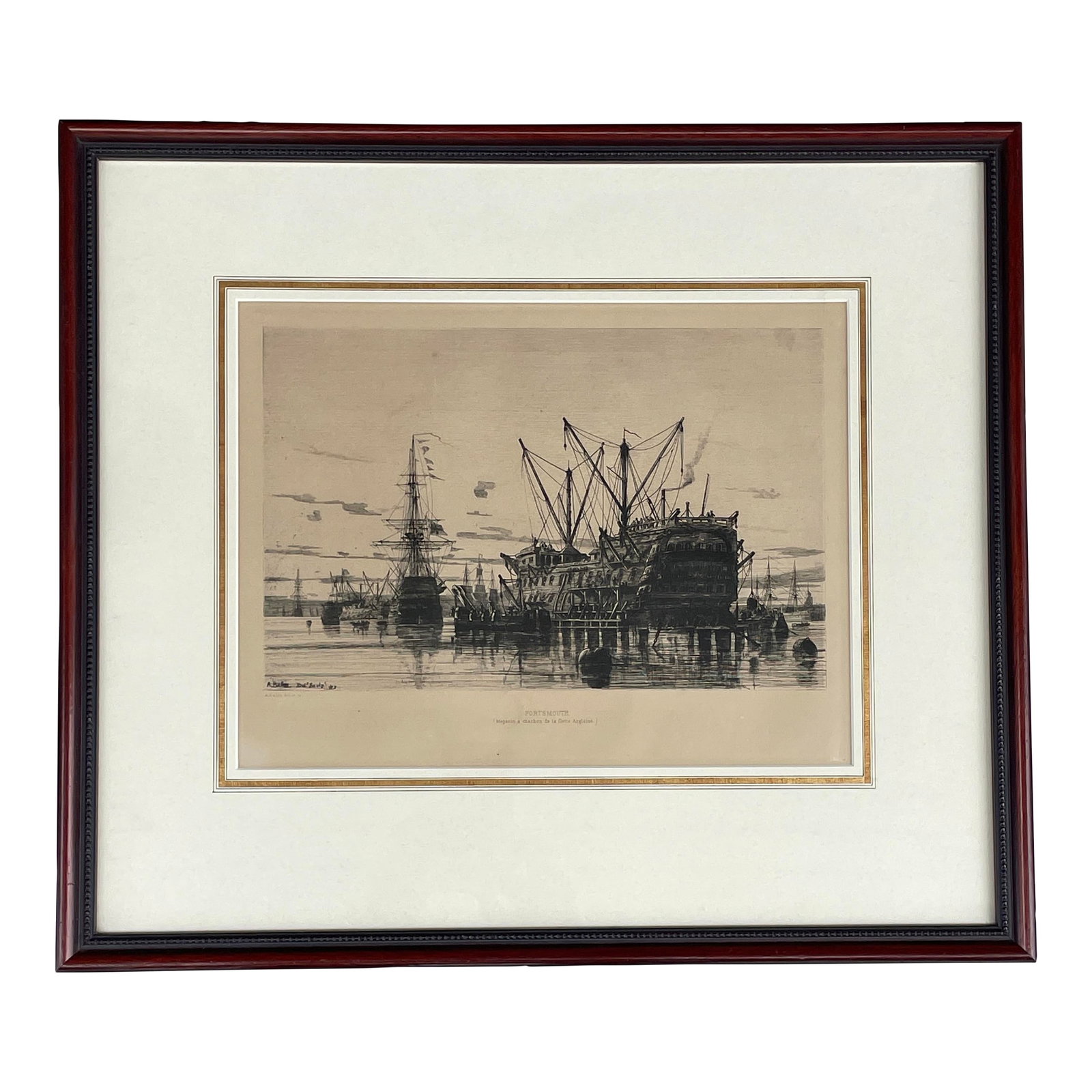 Auguste Ballin Etching Portsmouth Queen C. 19th Century., Framed: Portsmouth (Magasin a charbon de la flotte Anglaise), Queen' This etching, executed by the French artist Auguste Ballin, depicts the Royal Navy ship 'Queen' in use as a coal hulk in Portsmouth harbour
