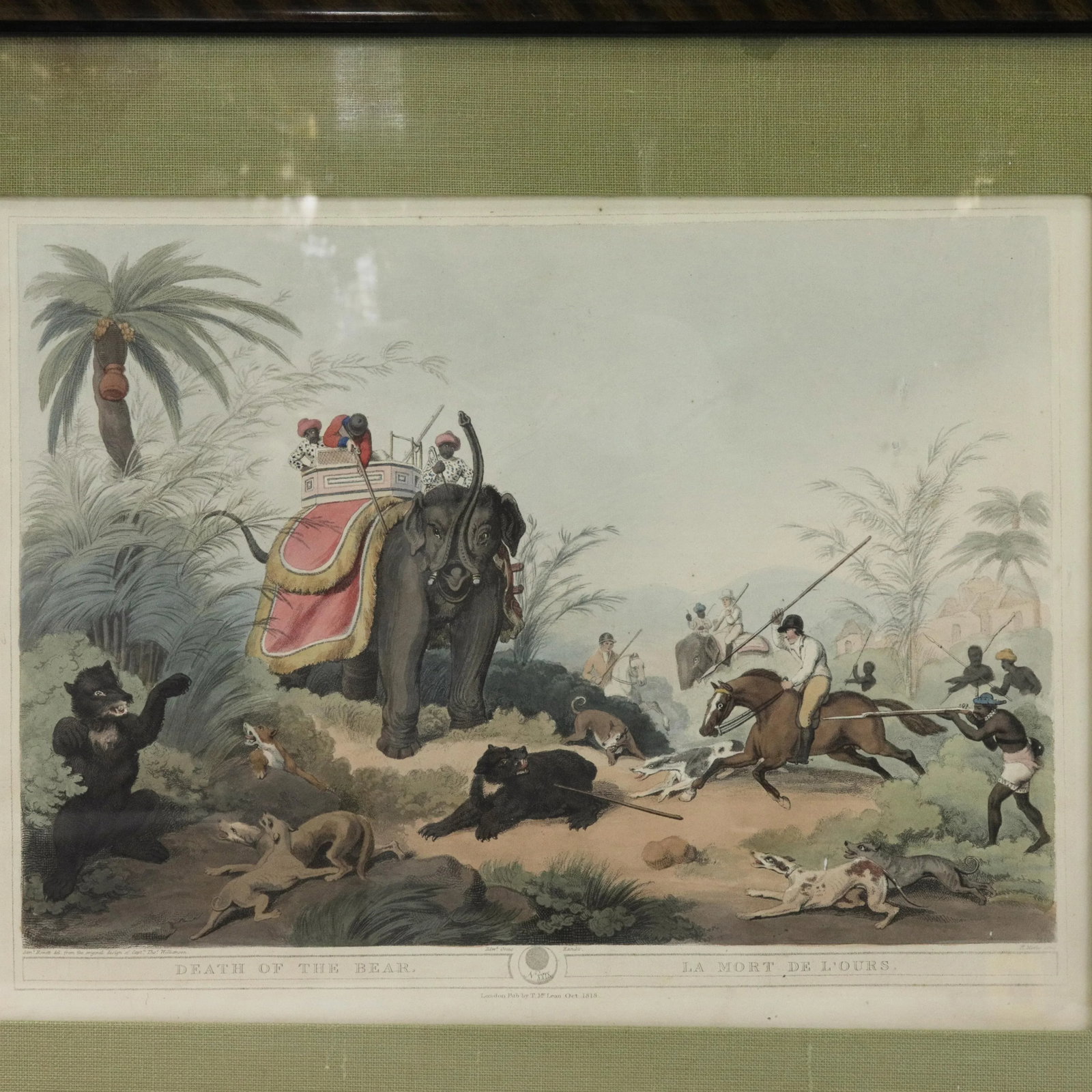 Framed 1818 Hand-Colored Aquatint "Death of the Bear" by Howitt & Williamson - 3
