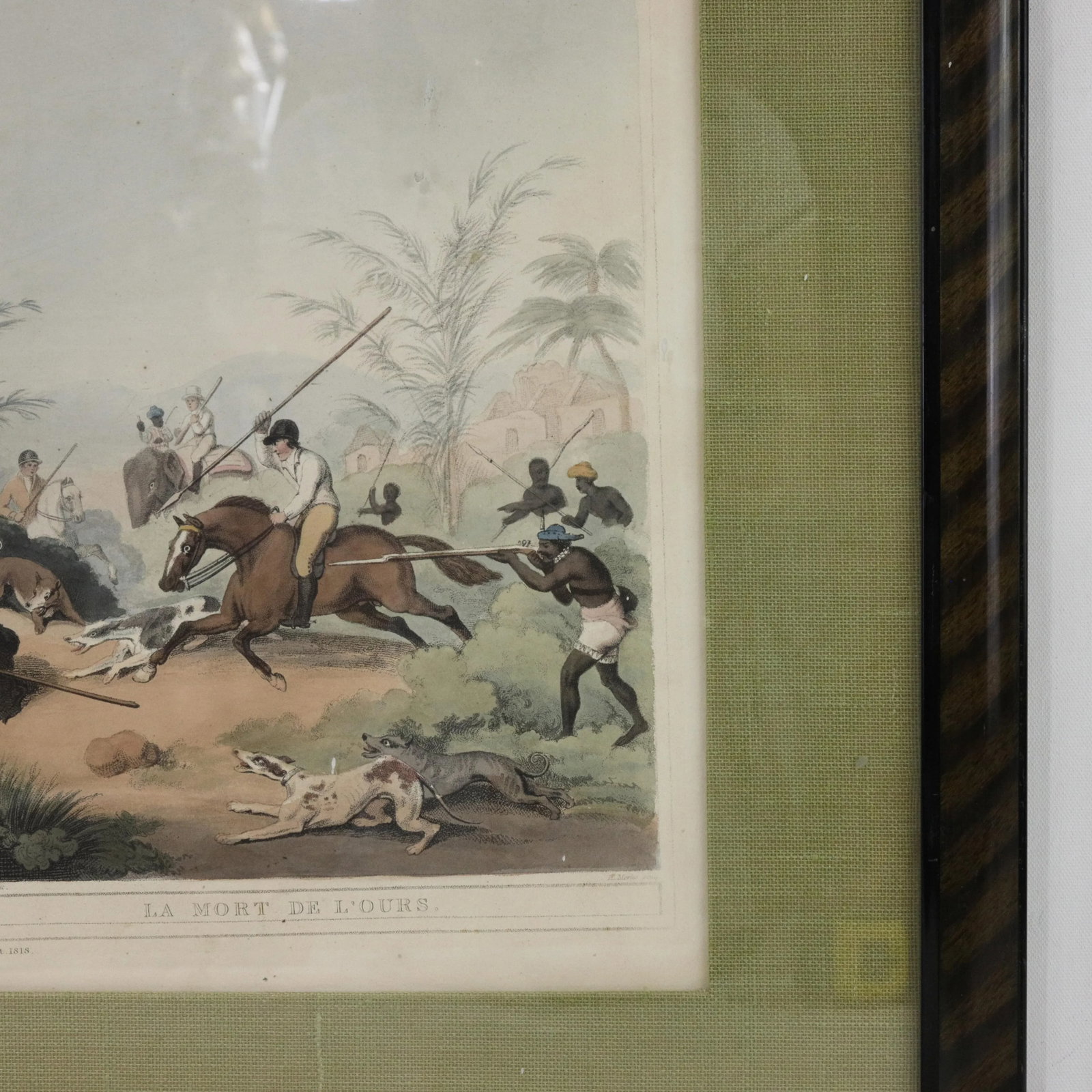 Framed 1818 Hand-Colored Aquatint "Death of the Bear" by Howitt & Williamson - 7