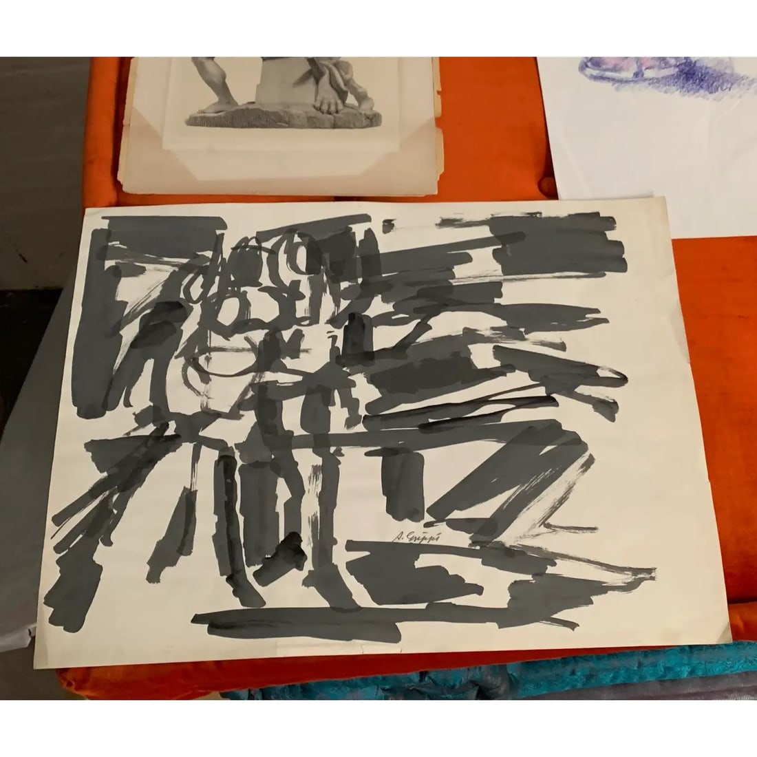 Mid 20th Century Abstract Action Painting, Black & White Pen & Ink on Paper by Salvatore Grippi - 4
