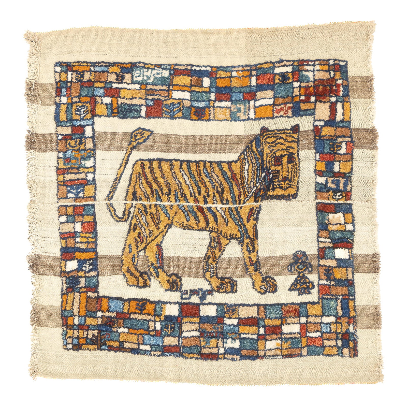 Antique Handwoven Gabbeh Palas Textile Art: This antique Gabbeh Palas rug, woven circa 1920, is a rare piece of Persian tribal art. It features a flat-woven wool base with a knotted pile animal motif, highlighting the craftsmanship of nomadic