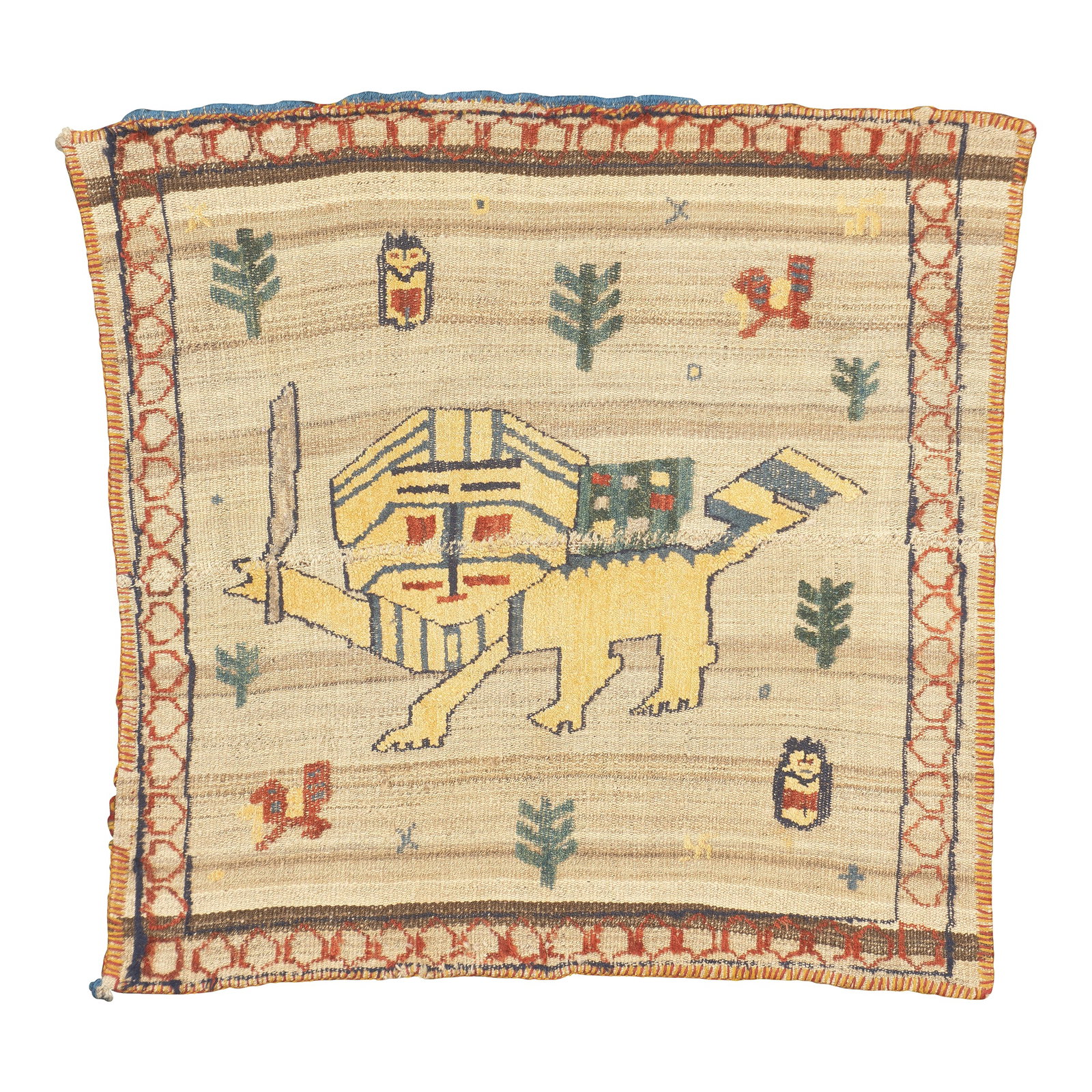 Antique Handwoven Gabbeh Palas Textile Art: This antique Gabbeh Palas rug, woven circa 1920, is a rare piece of Persian tribal art. It features a flat-woven wool base with a knotted pile animal motif, highlighting the craftsmanship of nomadic