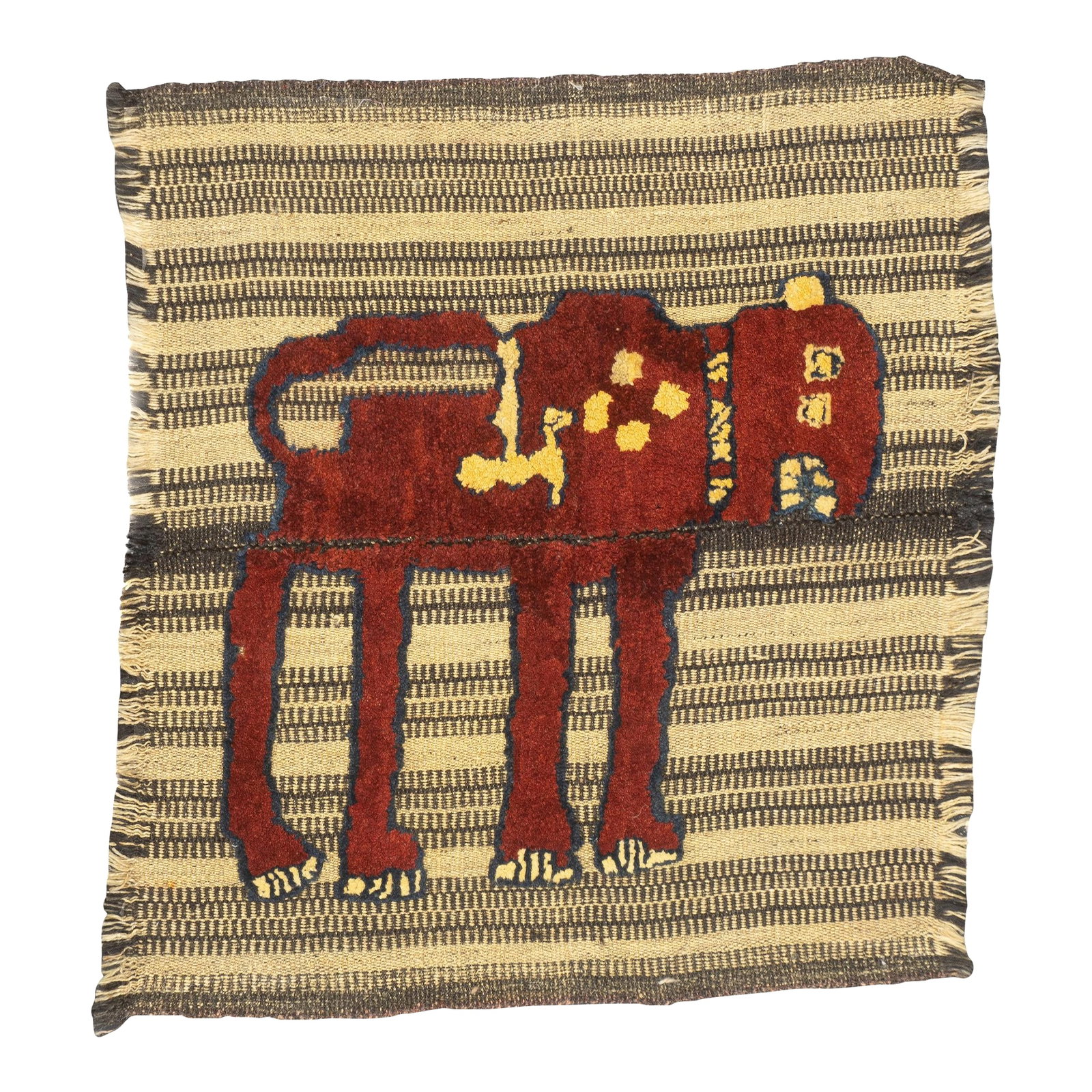 Antique Handwoven Gabbeh Palas Textile Art: This antique Gabbeh Palas rug, woven circa 1920, is a rare piece of Persian tribal art. It features a flat-woven wool base with a knotted pile animal motif, highlighting the craftsmanship of nomadic