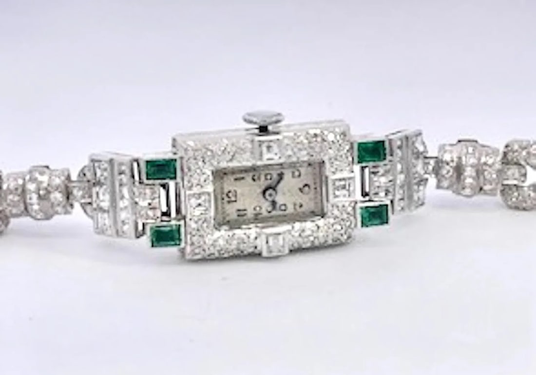 1930s Deco Diamond Emerald Ladies Wristwatch - 10