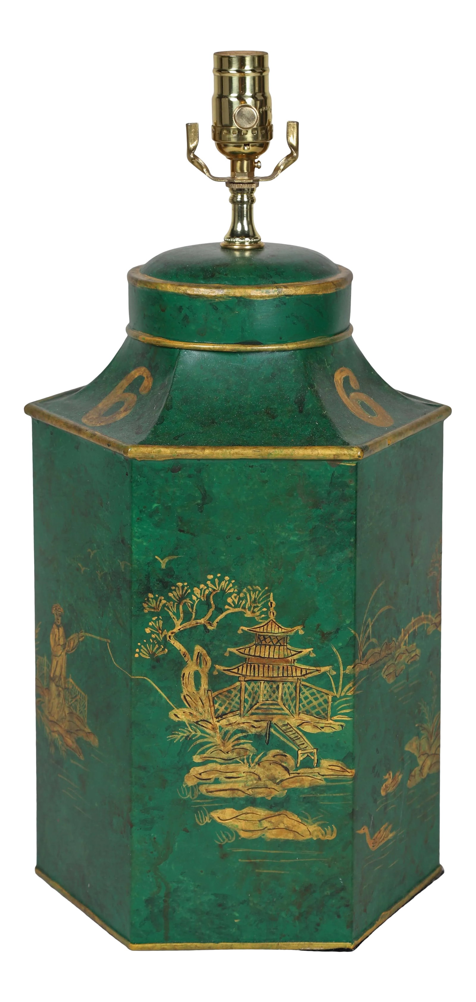 Vintage English Export Chinoiserie Hexagonal Tea Caddy Hand-Painted Landscape Table Lamp: Vintage English Export Hexagonal Tea Caddy, This lamp is a very typical European Chinoiserie art form from the 17th to 18th centuries. It is a work of art no matter where it is placed indoors. Each