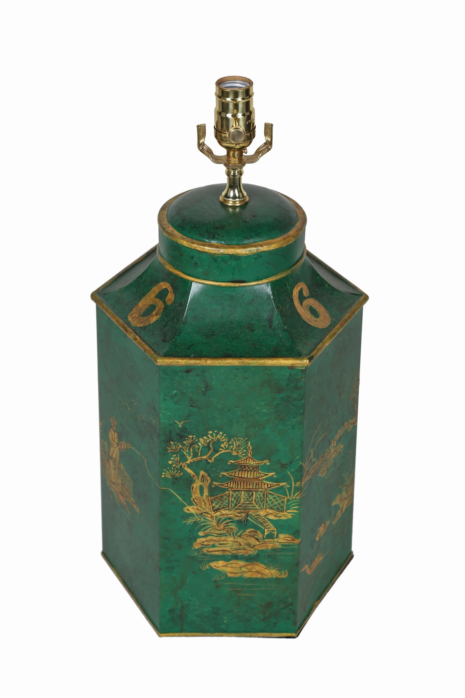 Vintage English Export Chinoiserie Hexagonal Tea Caddy Hand-Painted Landscape Table Lamp - 2