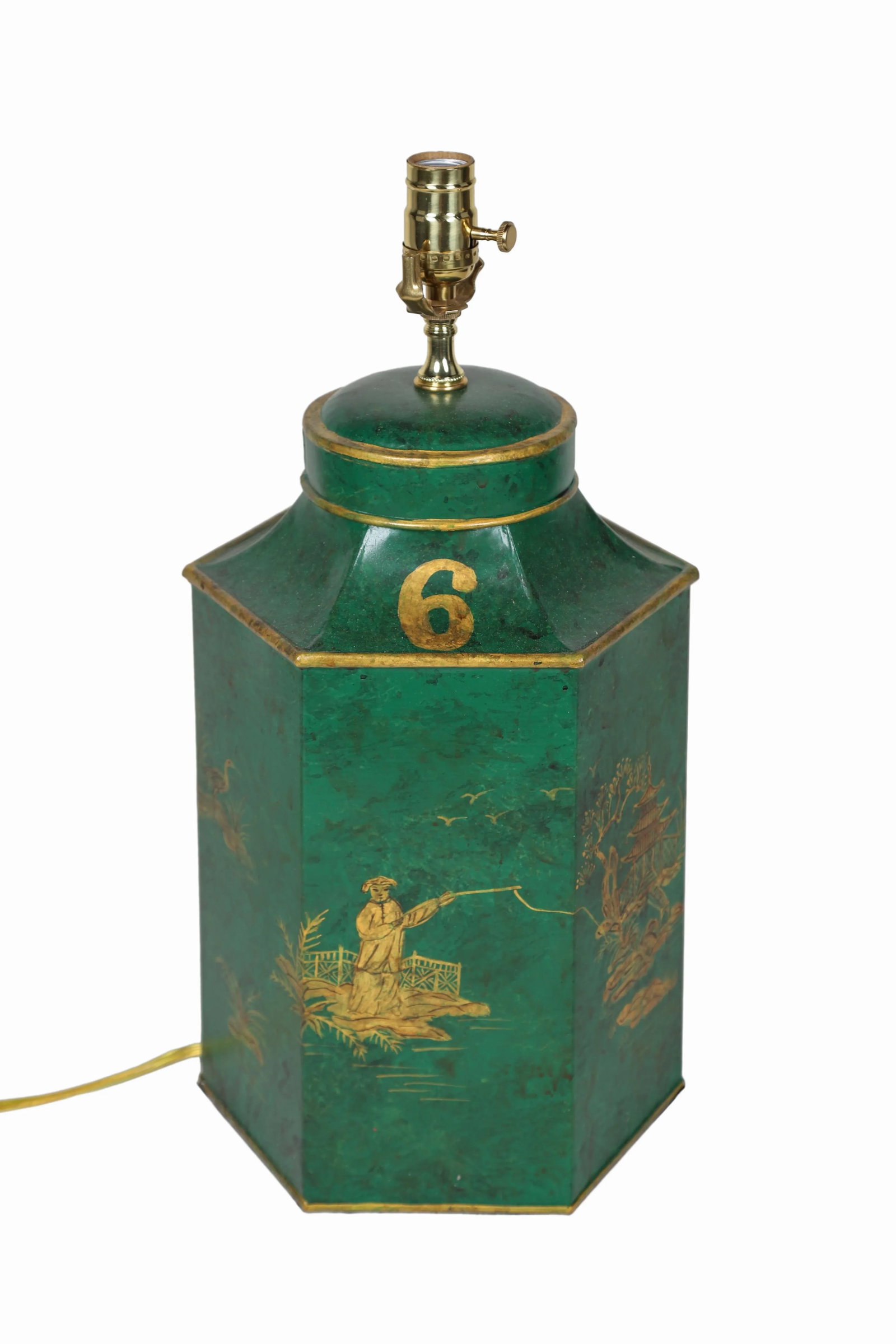 Vintage English Export Chinoiserie Hexagonal Tea Caddy Hand-Painted Landscape Table Lamp - 3