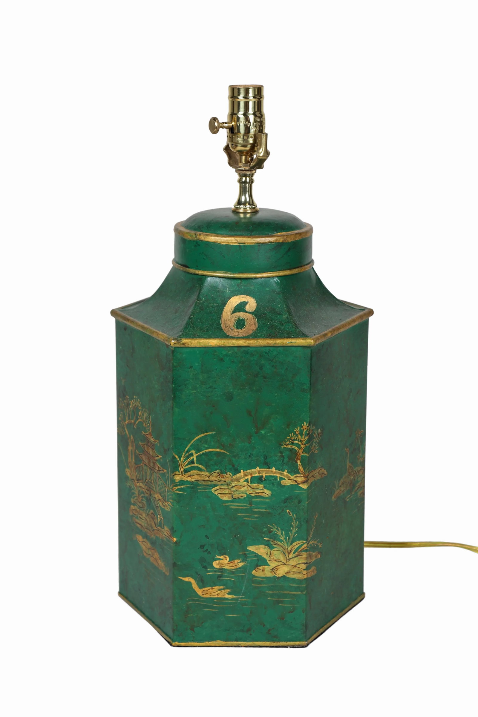 Vintage English Export Chinoiserie Hexagonal Tea Caddy Hand-Painted Landscape Table Lamp - 4