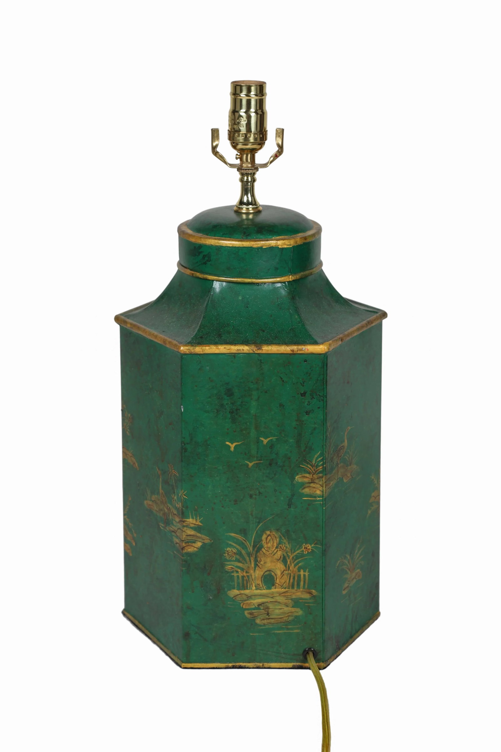 Vintage English Export Chinoiserie Hexagonal Tea Caddy Hand-Painted Landscape Table Lamp - 5
