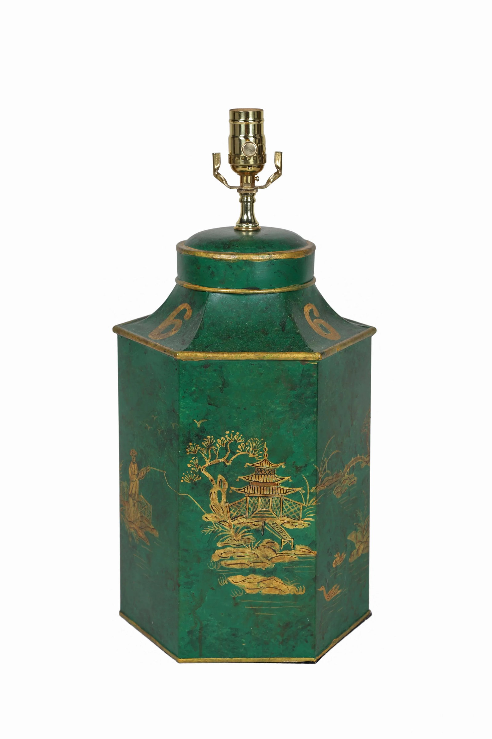 Vintage English Export Chinoiserie Hexagonal Tea Caddy Hand-Painted Landscape Table Lamp - 6