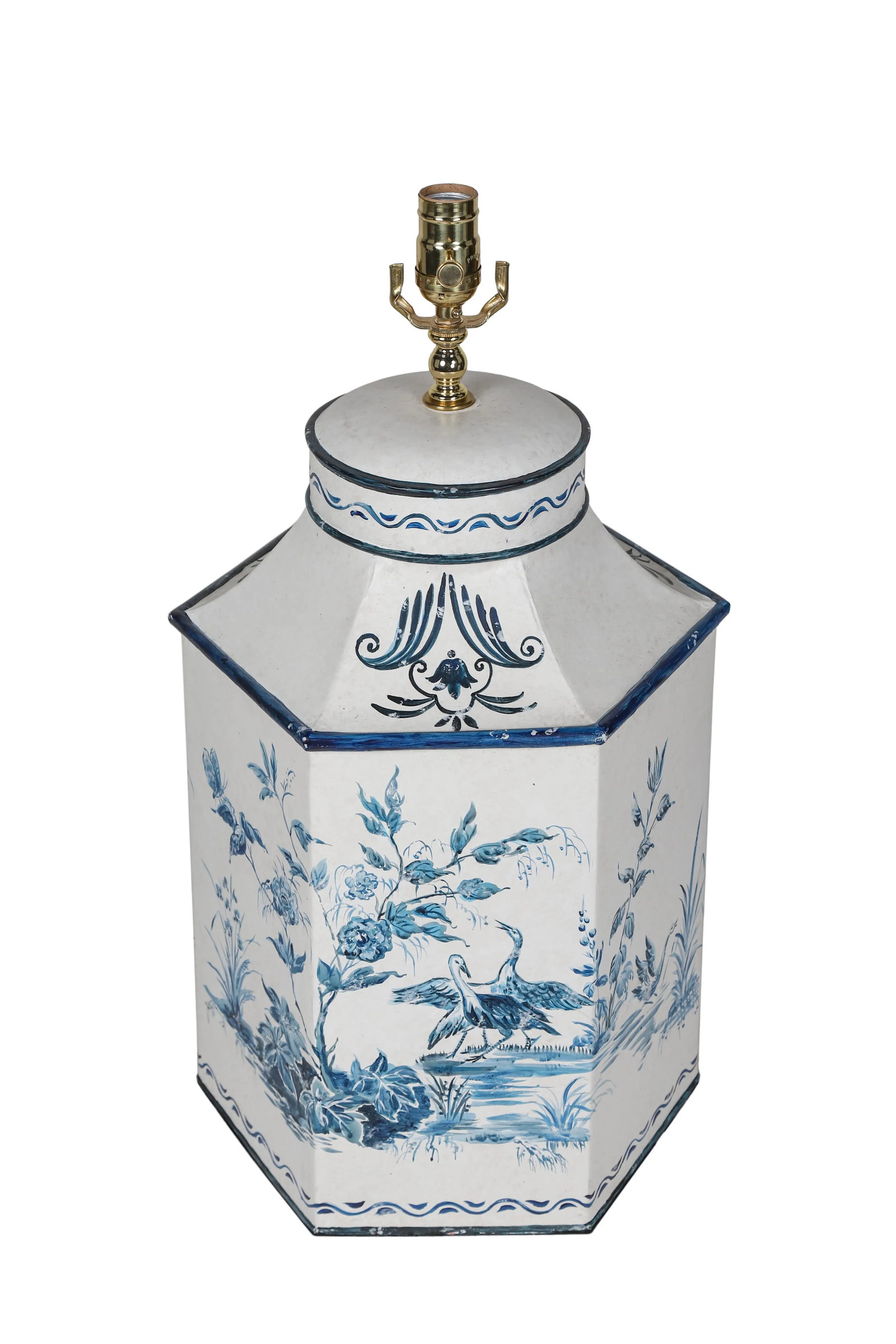 Vintage Hand-Painted British Export French Chinoiserie Tea Caddy Table Lamp in Blue & White - 2