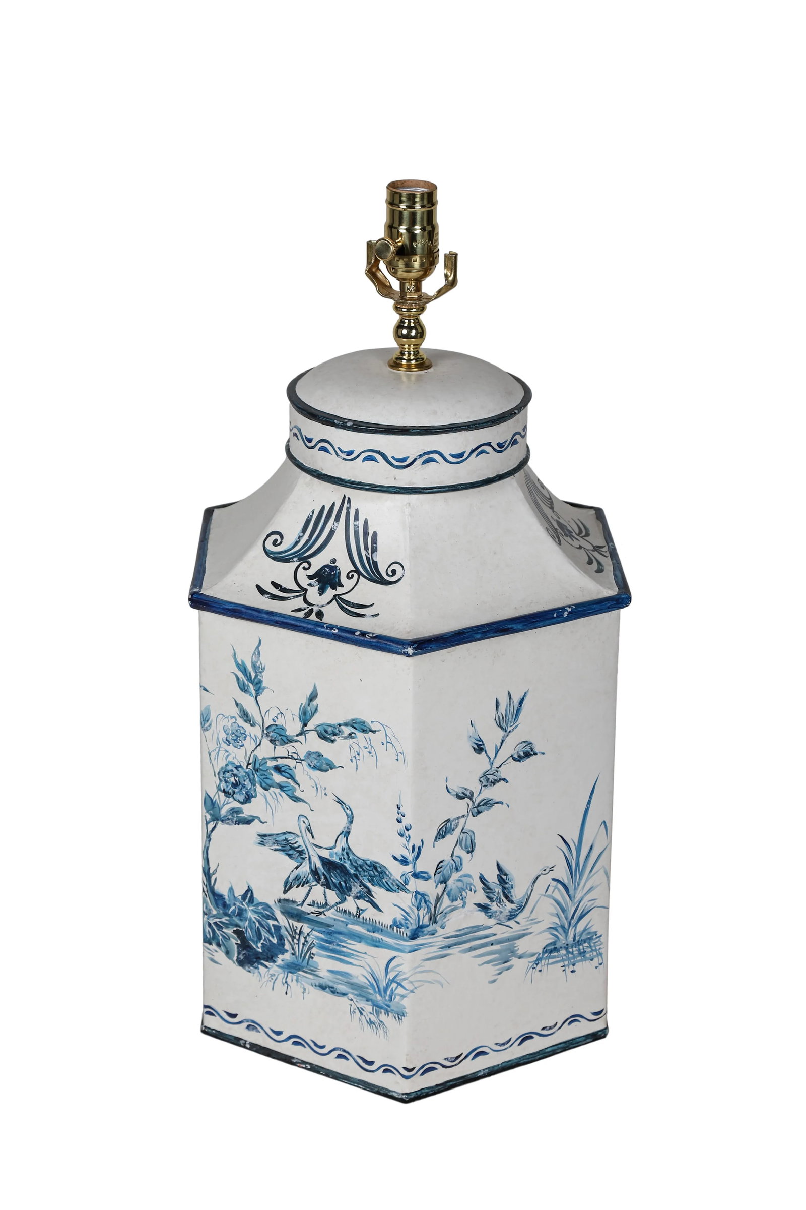 Vintage Hand-Painted British Export French Chinoiserie Tea Caddy Table Lamp in Blue & White - 4