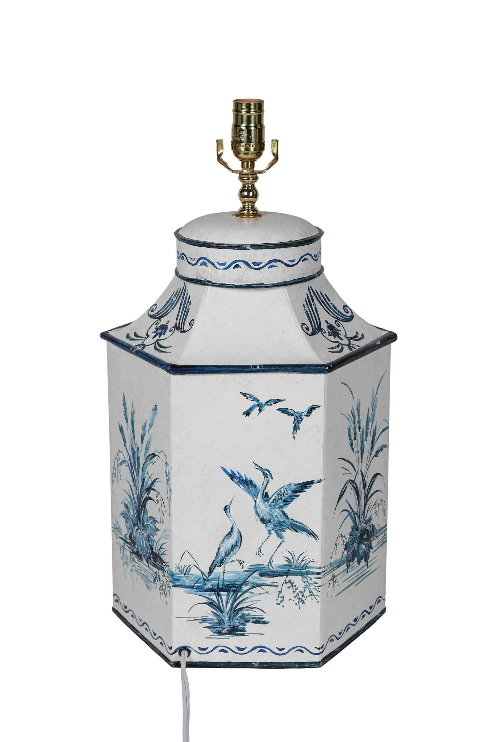 Vintage Hand-Painted British Export French Chinoiserie Tea Caddy Table Lamp in Blue & White - 5