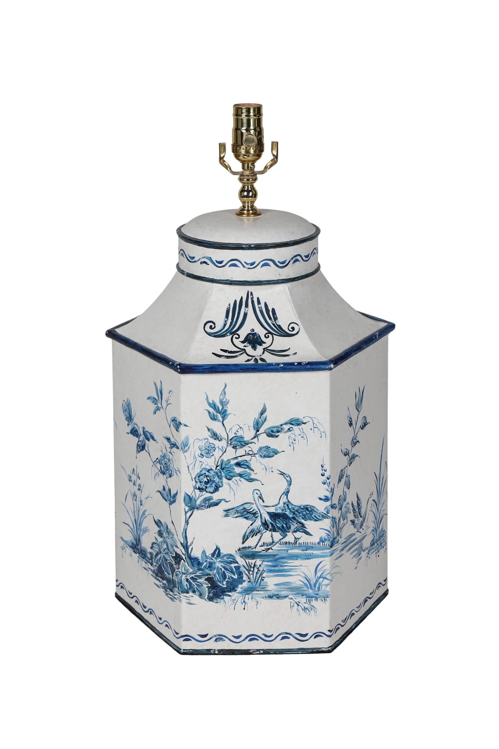 Vintage Hand-Painted British Export French Chinoiserie Tea Caddy Table Lamp in Blue & White - 6