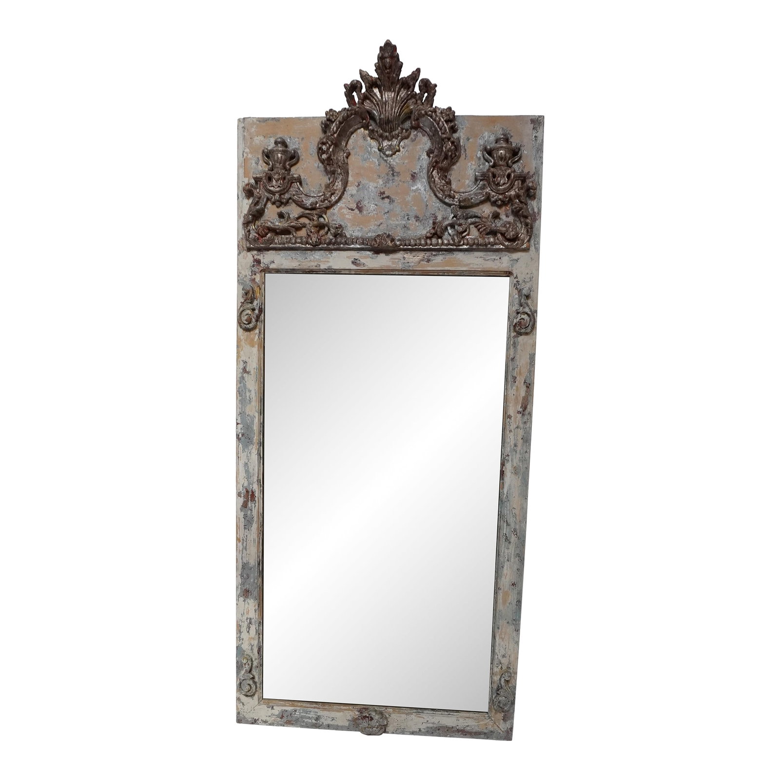French Painted and Parcel Gilt Mirror: French trumeau mirror in a warm cream with silver gilt accents. Featuring a cartouche, acanthus leaves, and small urns. The glass of the mirror has a lot of character as well. The height of the carved