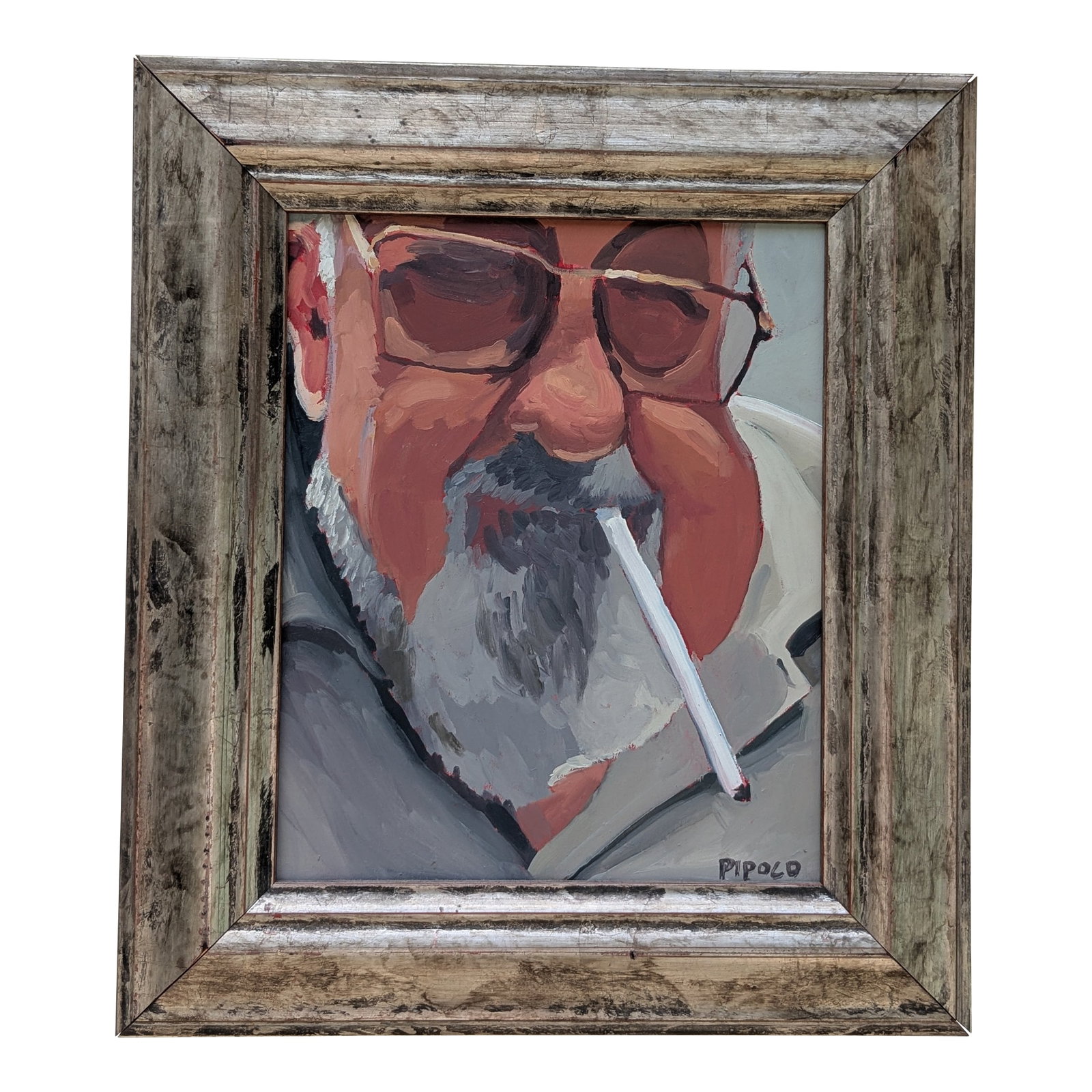 Framed Oil Portrait Bearded Man Smoking - Signed Pipold - Oil on Board 14x17: Vintage Framed Oil Portrait Bearded Man Smoking - Signed Pipold - Oil on Board 14x17 Mid Century Art Rich, expressive oil on board showing a silver-bearded gentleman in tinted aviators enjoying a ciga