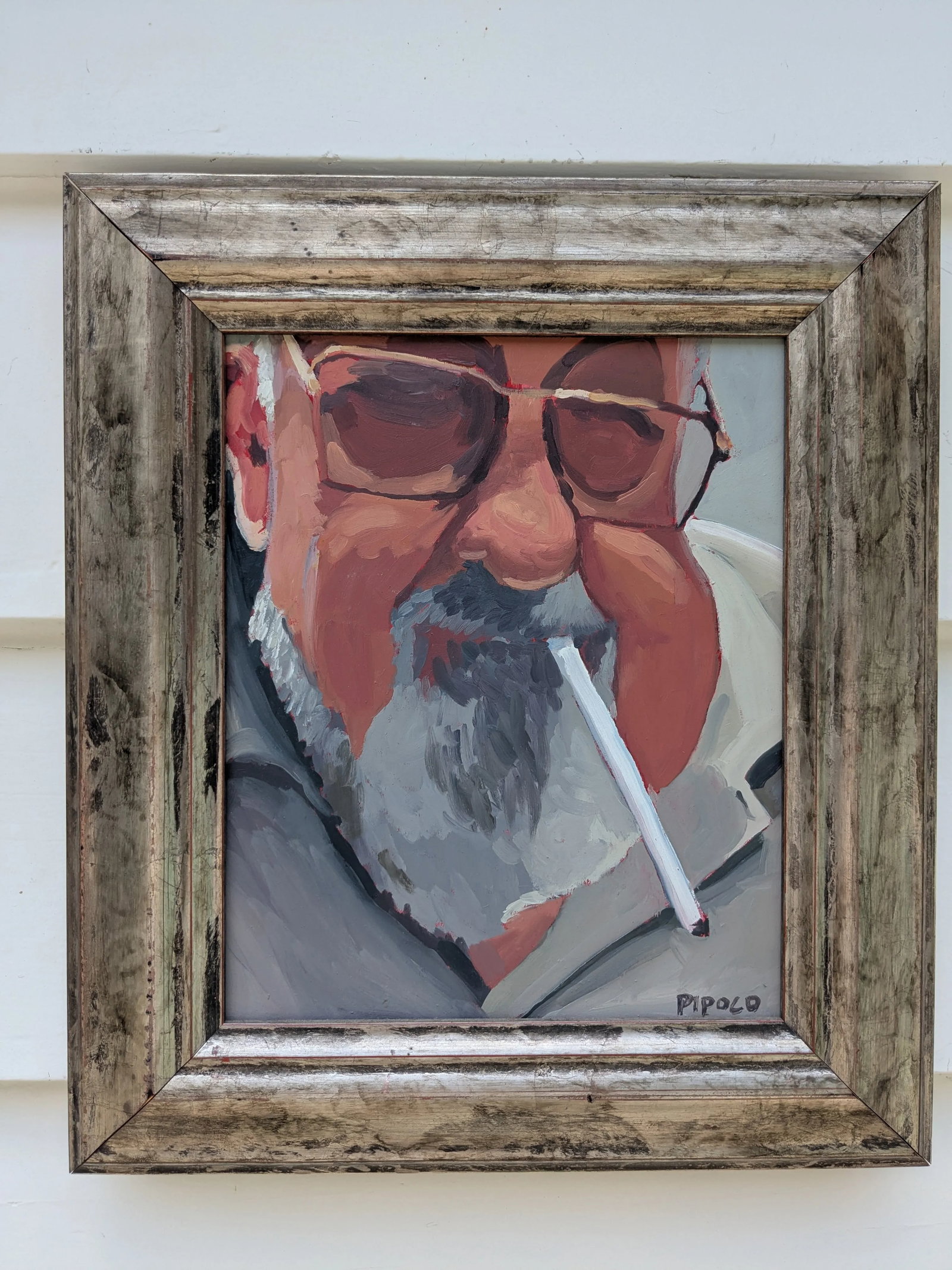 Framed Oil Portrait Bearded Man Smoking - Signed Pipold - Oil on Board 14x17 - 2