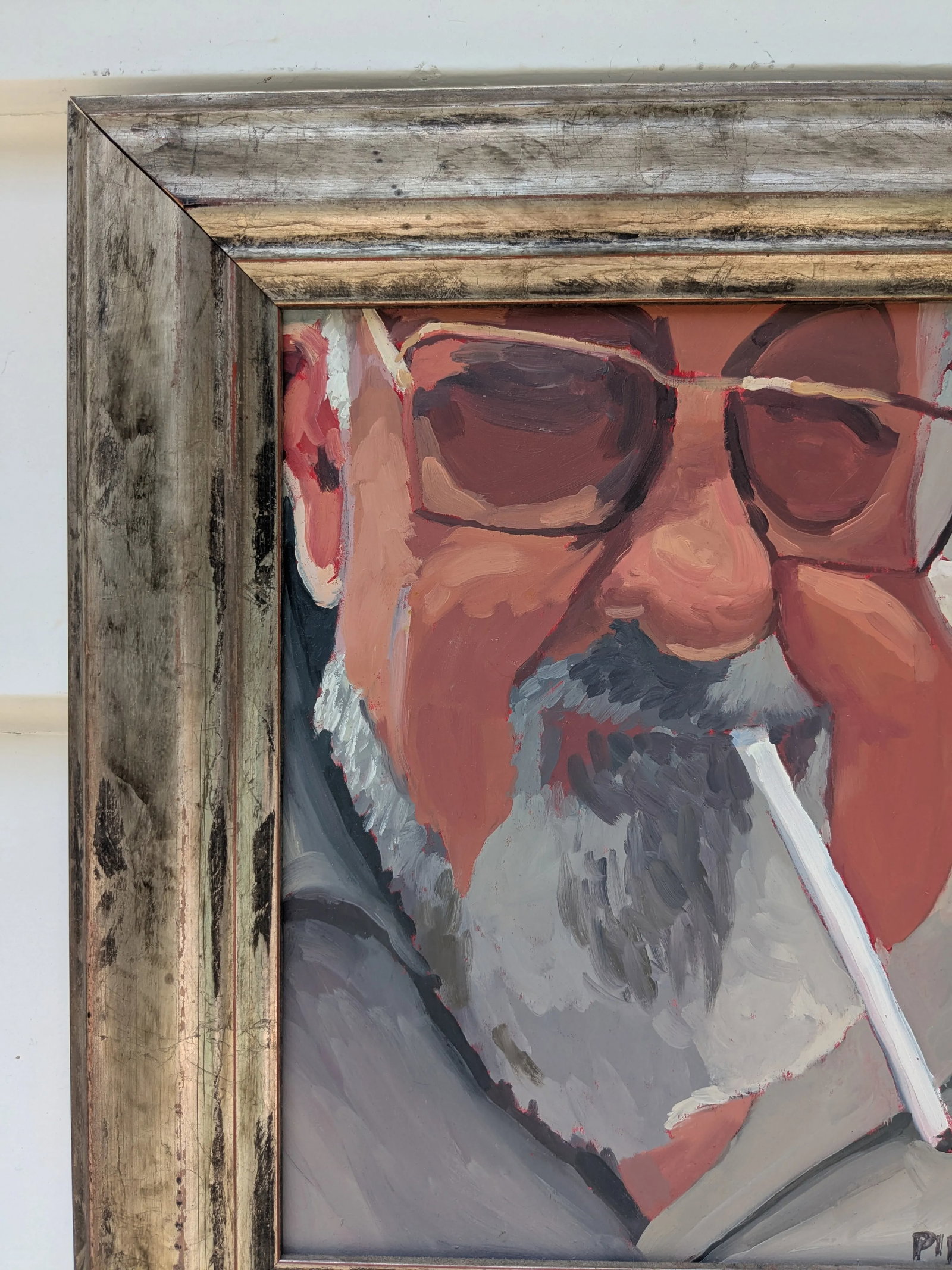 Framed Oil Portrait Bearded Man Smoking - Signed Pipold - Oil on Board 14x17 - 3