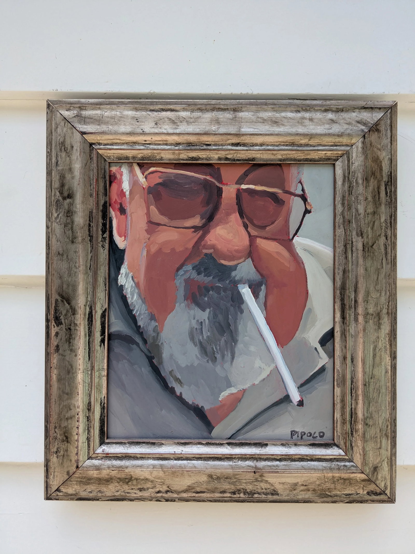 Framed Oil Portrait Bearded Man Smoking - Signed Pipold - Oil on Board 14x17 - 5