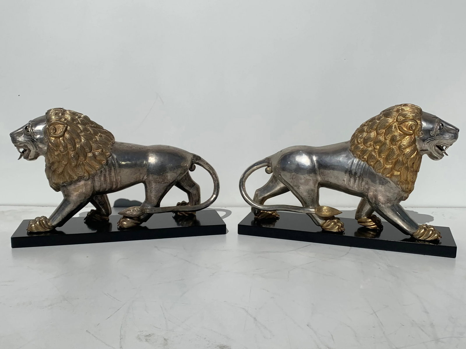 Silvered Brass Lion Sculptures Bookends - a Pair - 2