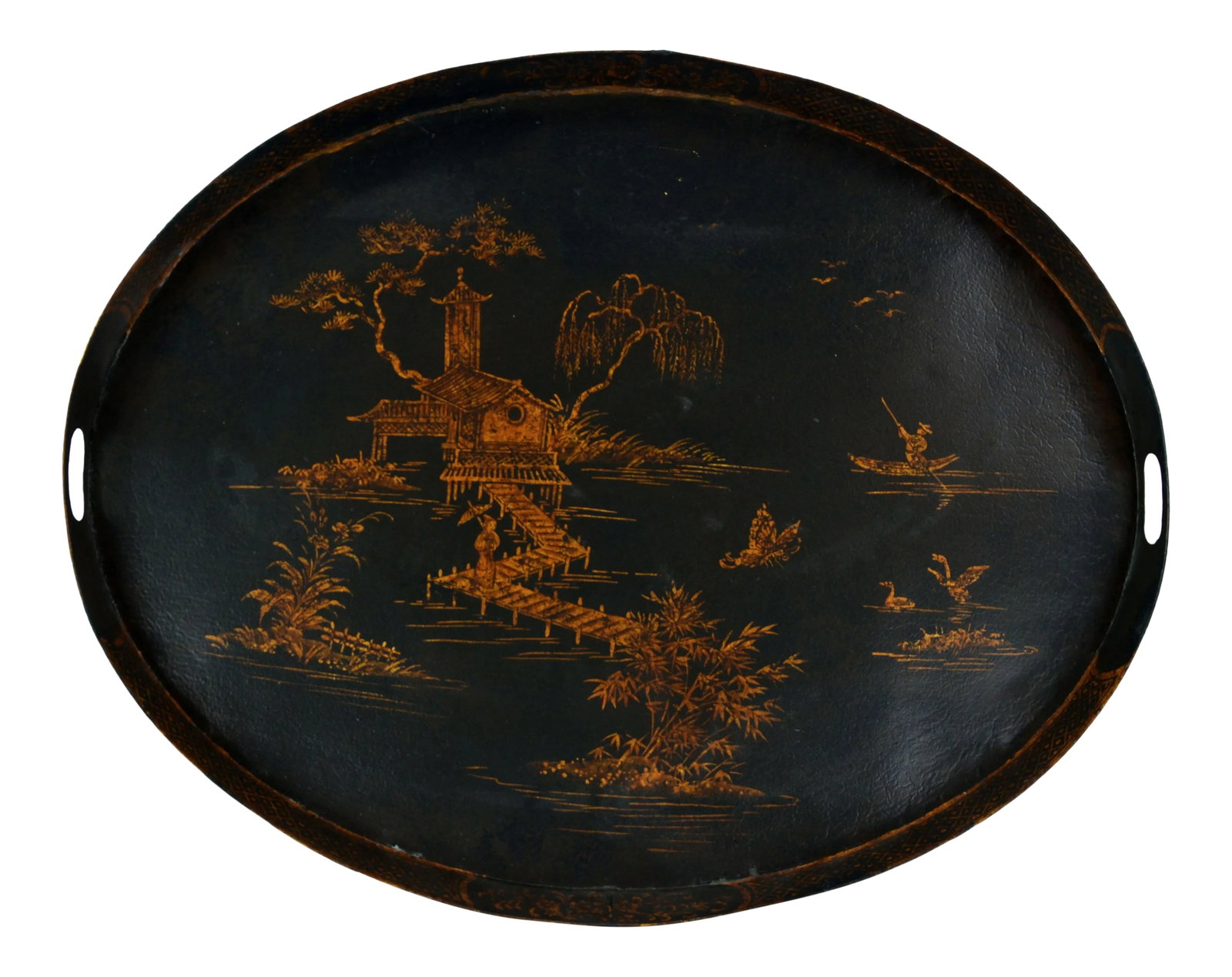 Vintage Chinoiserie Hand Painted Golden Oriental Landscape/Tray: The artist painted a series of pagodas on a black background, with bridges and ancient boating figures on the river. This is a typical Chinoiserie style painting. The whole picture is ancient and lege