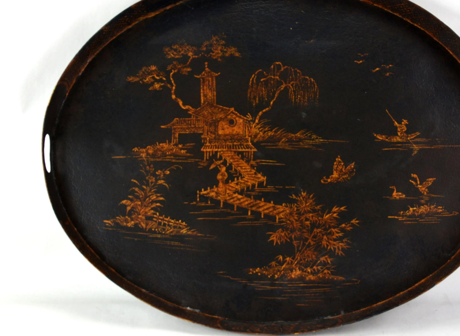 Vintage Chinoiserie Hand Painted Golden Oriental Landscape/Tray - 2