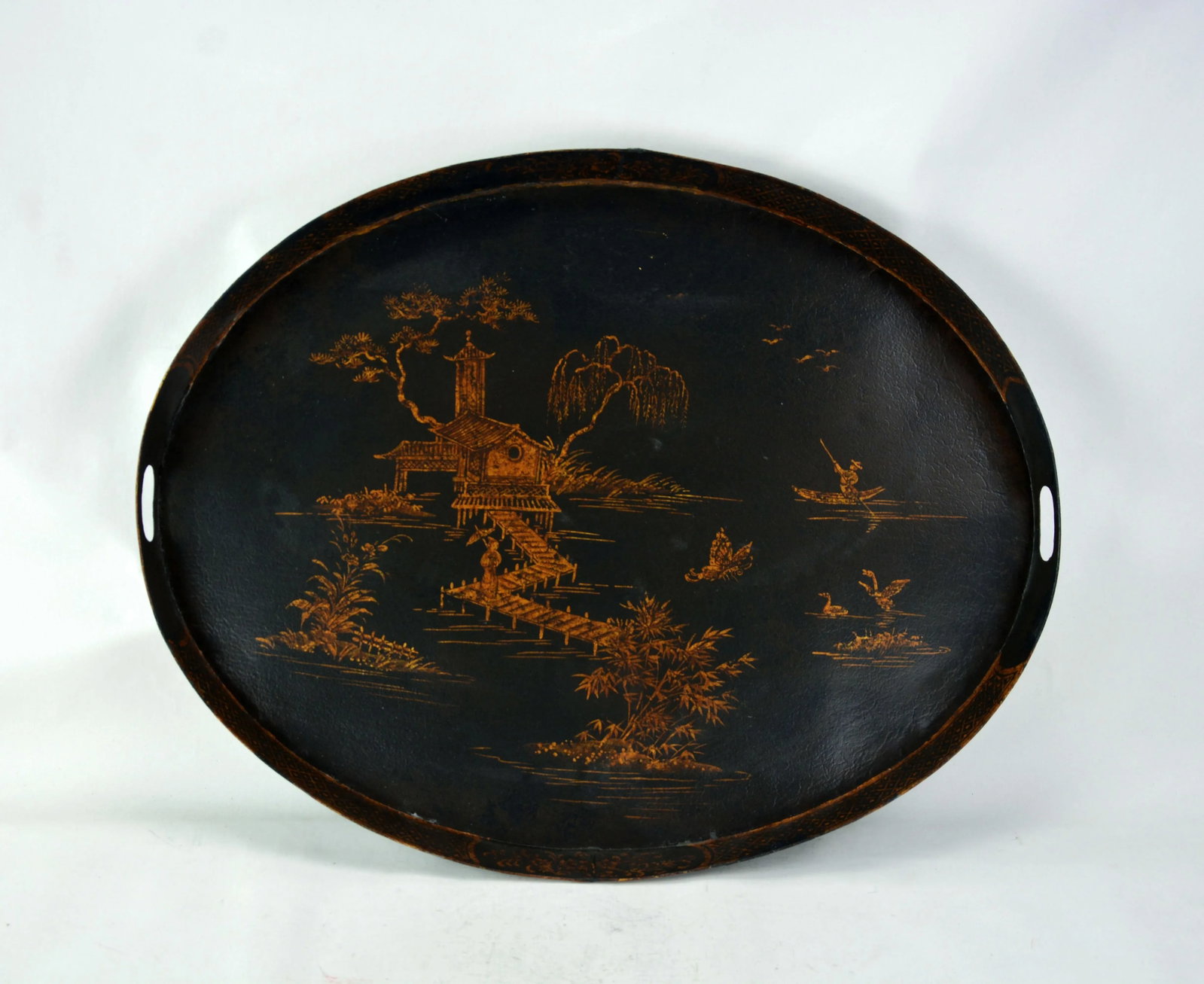 Vintage Chinoiserie Hand Painted Golden Oriental Landscape/Tray - 5