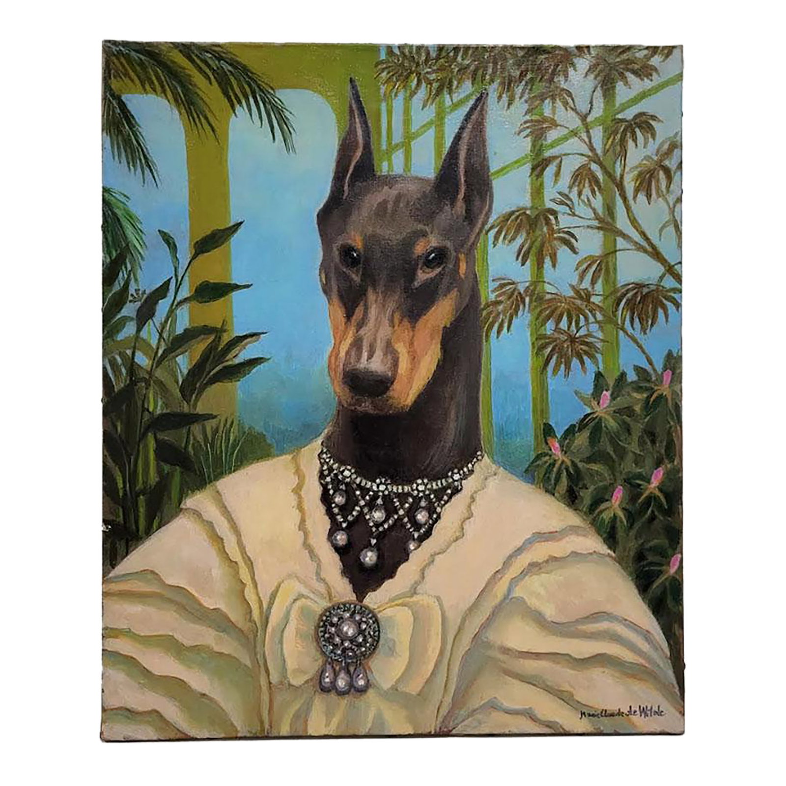 Whimsical Oil Painting Portrait Doberman Pinscher Dog - Signed: Whimsical, charming, funny -- all of the above! If you are a Dobie lover, I know you will totally appreciate and love this painting. If you collect dog portraits, this one will def be a great addition