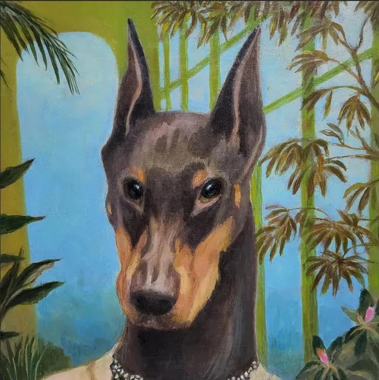 Whimsical Oil Painting Portrait Doberman Pinscher Dog - Signed - 2