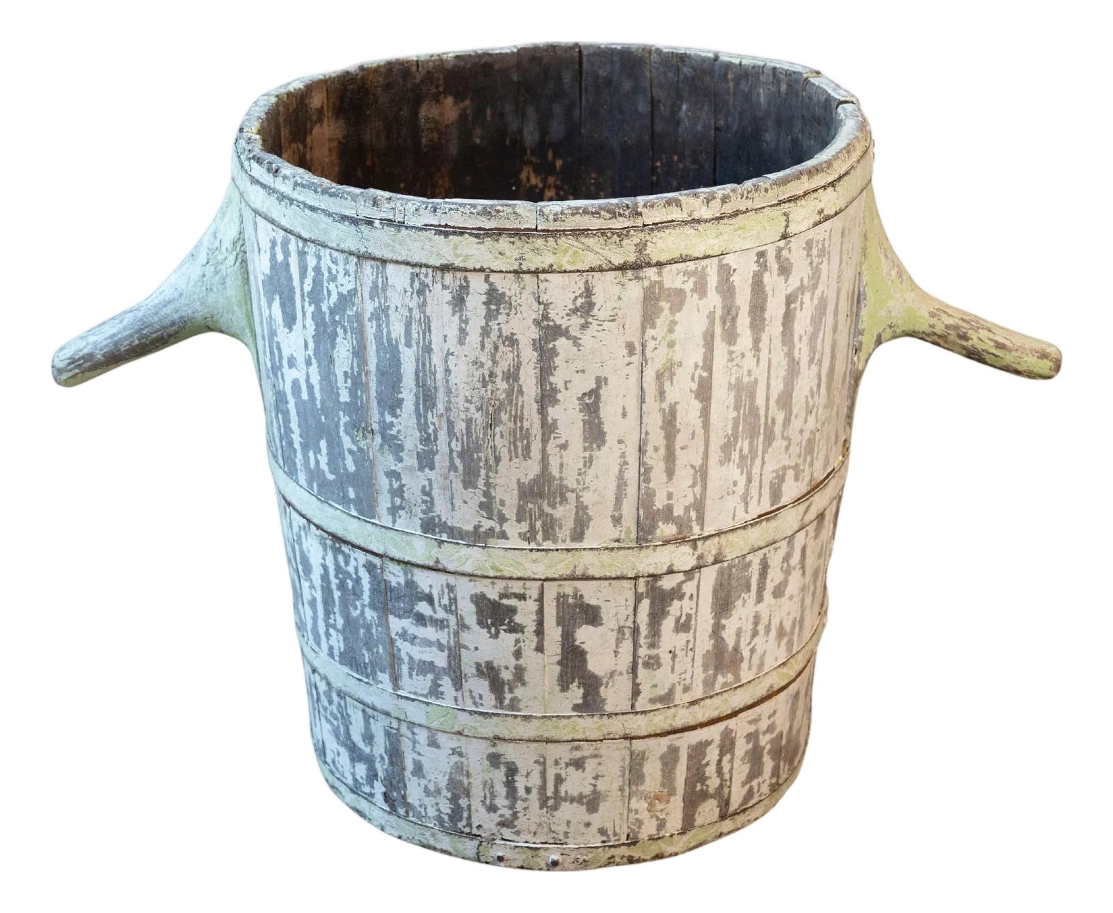 19th century French grape harvesting hod: A rare and beautifully worn 19th-century French grape harvesting hod, used during the vendange in vineyards throughout the wine-growing regions of France. Constructed from walnut wood and bound with