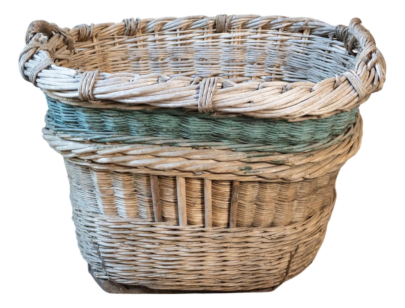 Early 20th Century French Wicker Grape Harvesting Basket: An authentic mid-20th-century French grape harvesting basket, handwoven in the Champagne region during the 1940s. This charming vineyard basket was once an essential tool during the grape harvest,