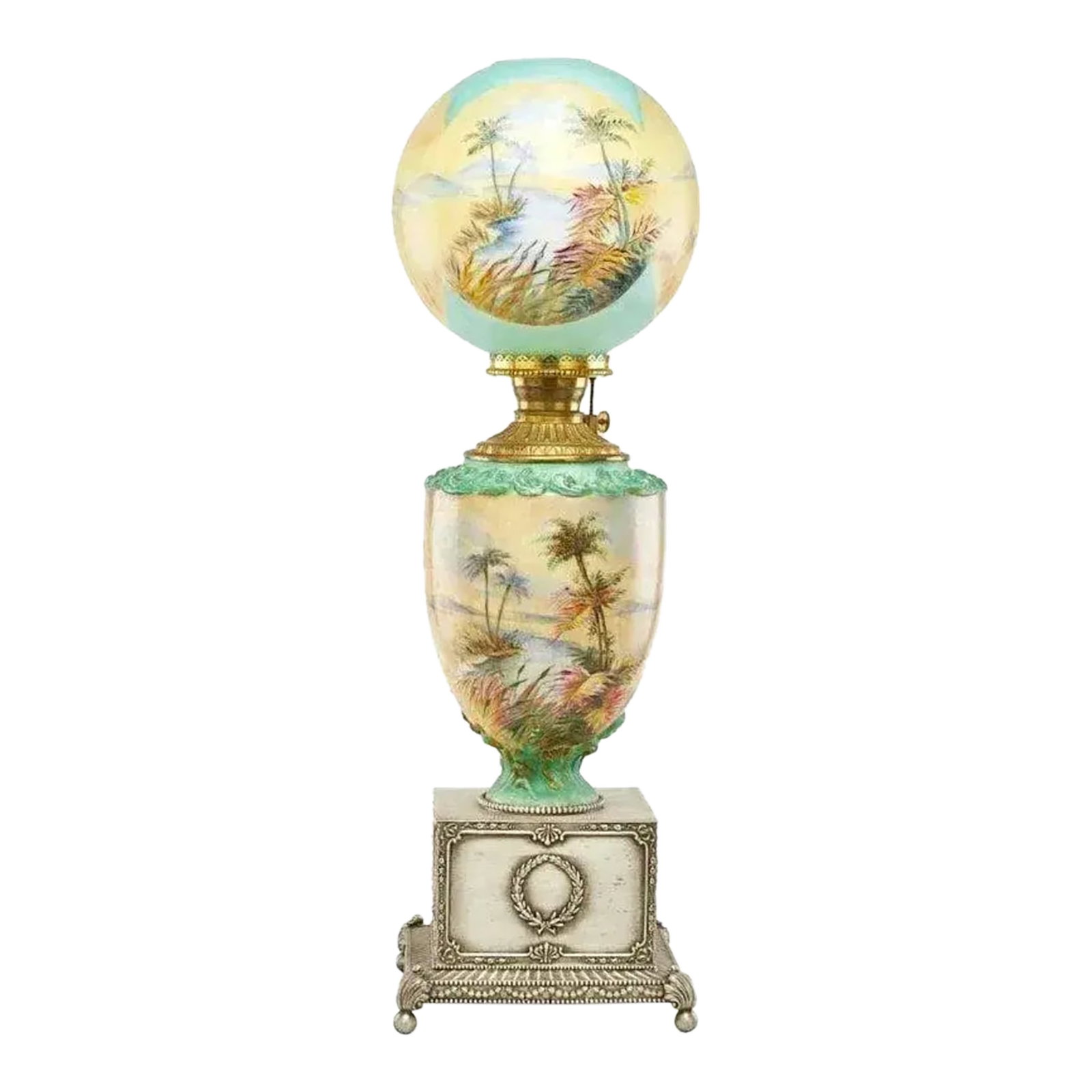Pairpoint Stained Glass Table Lamp, Seascape Vienna Shade, Planter Base, 1910 (1 of 10)