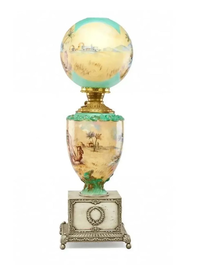 Pairpoint Stained Glass Table Lamp, Seascape Vienna Shade, Planter Base, 1910 - 2