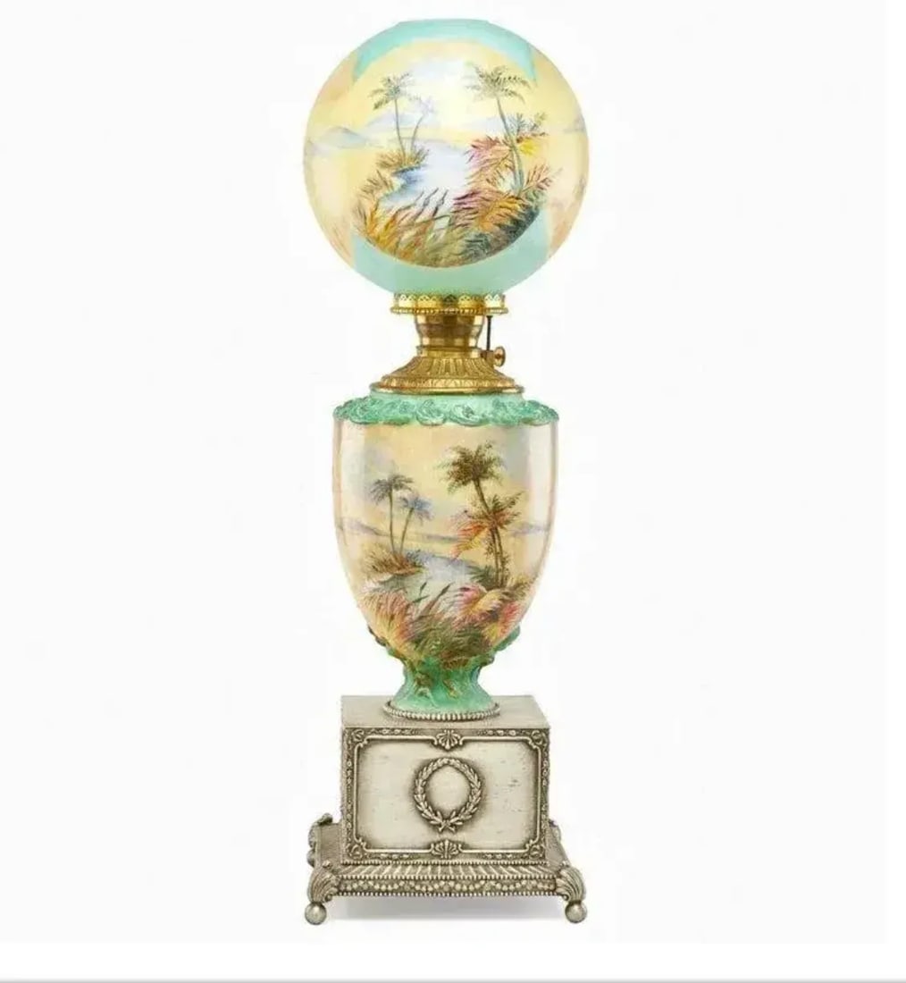 Pairpoint Stained Glass Table Lamp, Seascape Vienna Shade, Planter Base, 1910 - 3