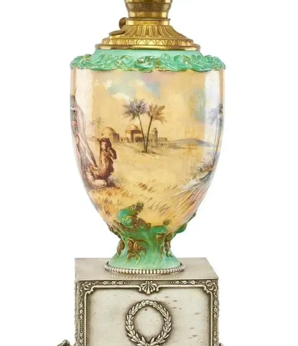 Pairpoint Stained Glass Table Lamp, Seascape Vienna Shade, Planter Base, 1910 - 5