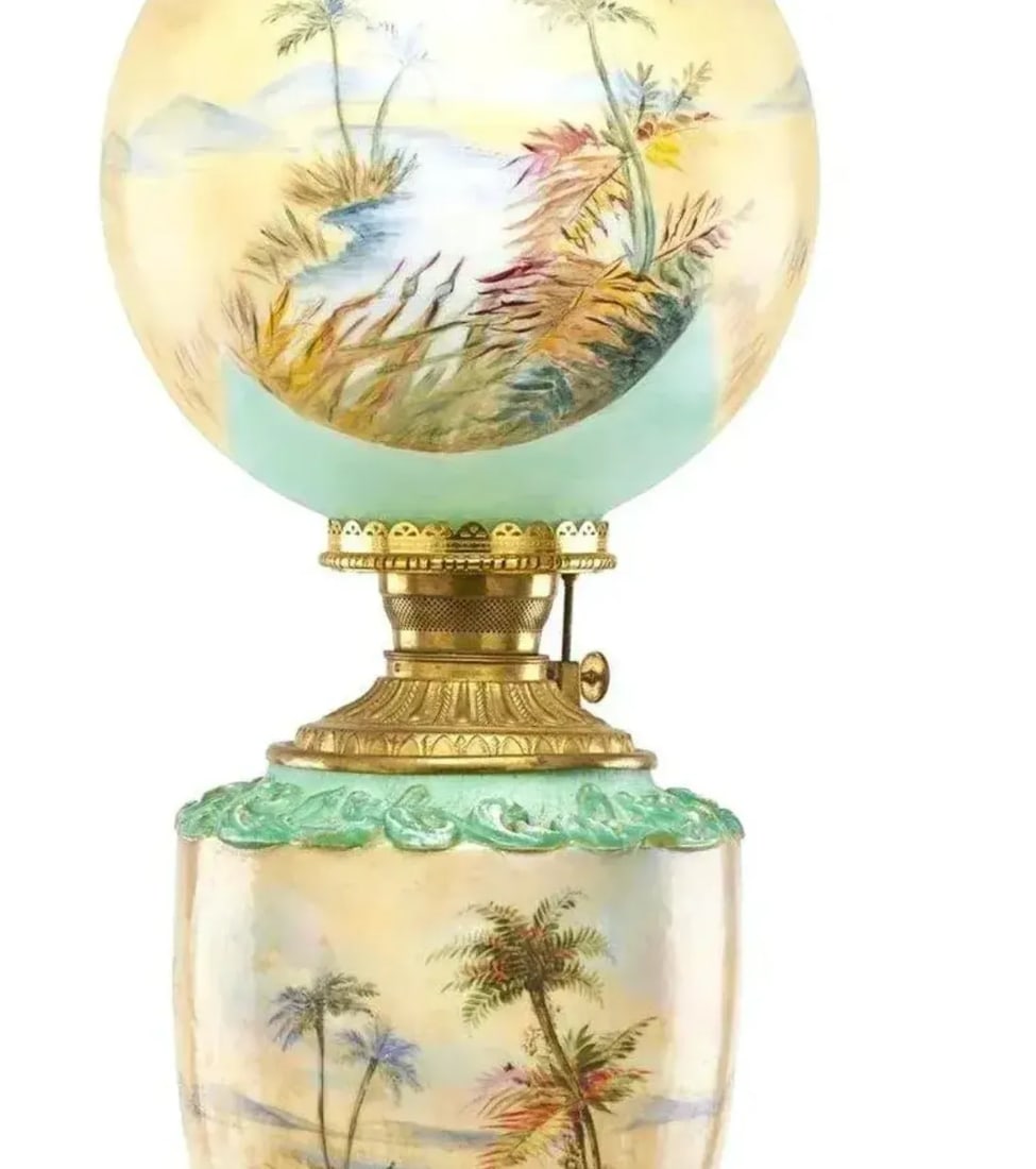 Pairpoint Stained Glass Table Lamp, Seascape Vienna Shade, Planter Base, 1910 - 6