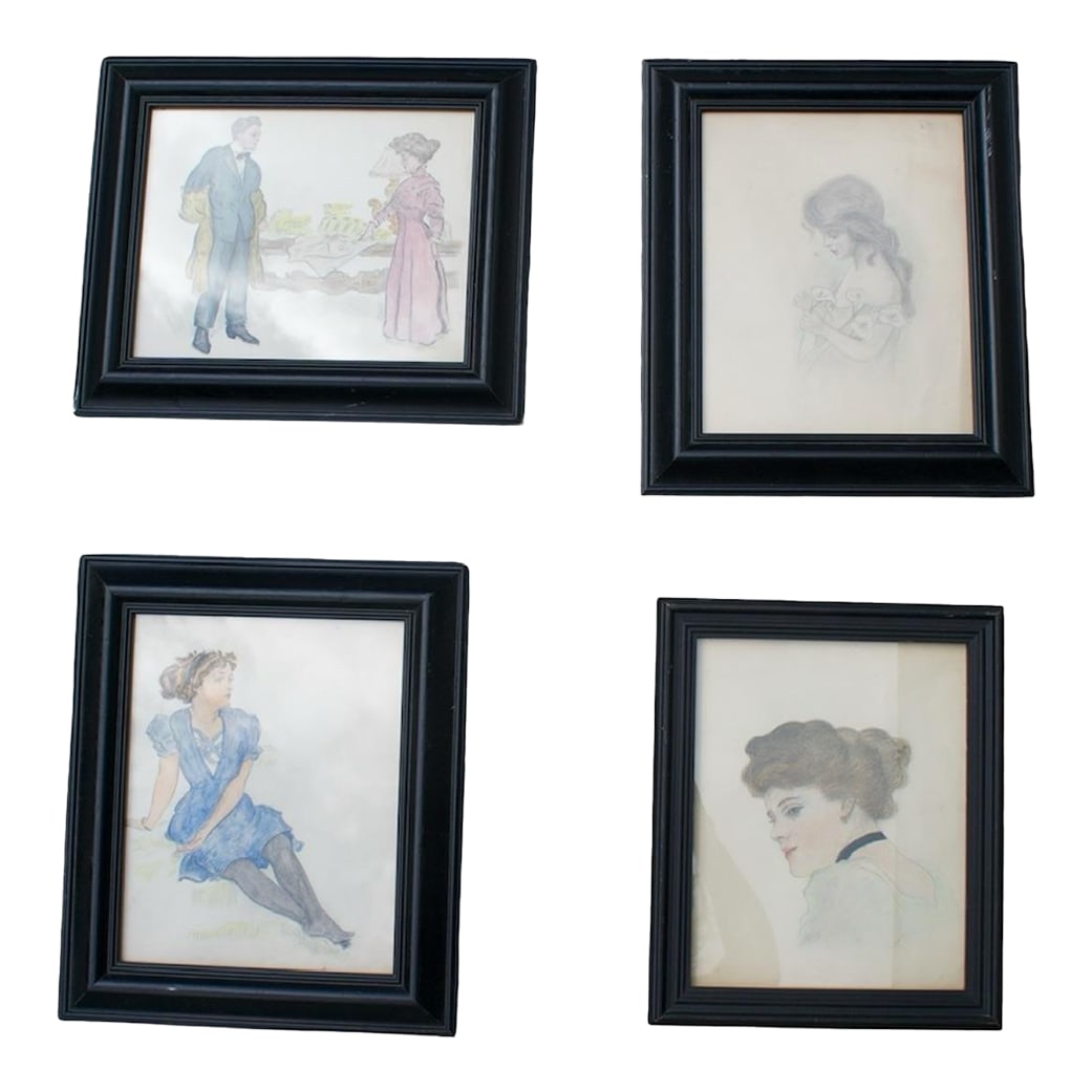 Group of 4 w.c. Vincent Watercolor Portraits: Add a touch of charm and character to your gallery wall or personal collection with this group of four original watercolor portraits by W.C. Vincent. Each piece showcases the artist's delicate