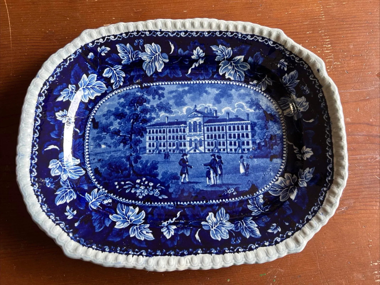 Antique Dark Blue Transfer Decorated Staffordshire Platter "Almshouse Boston" - 11