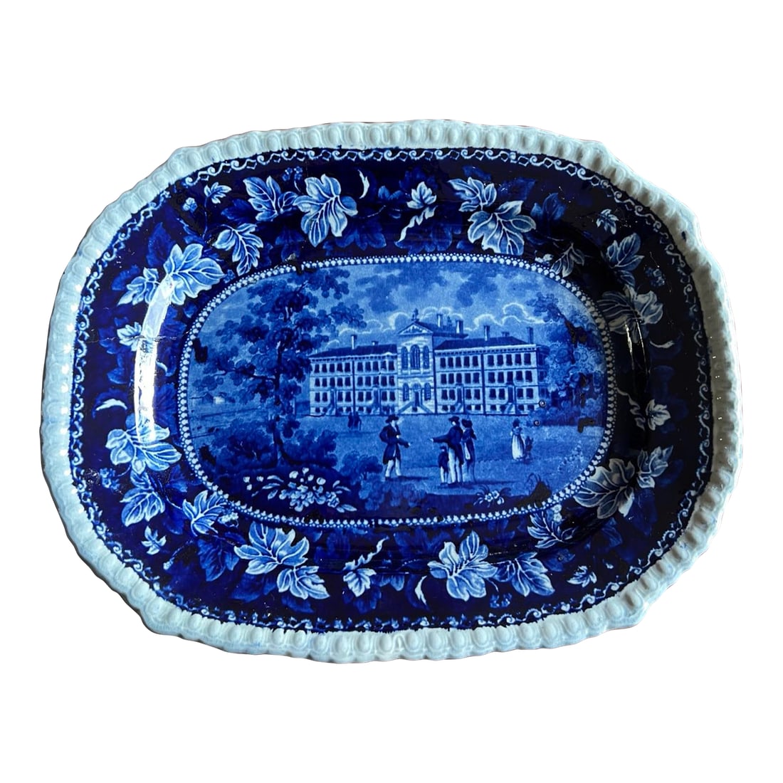 Antique Dark Blue Transfer Decorated Staffordshire Platter "Almshouse Boston" (1 of 12)