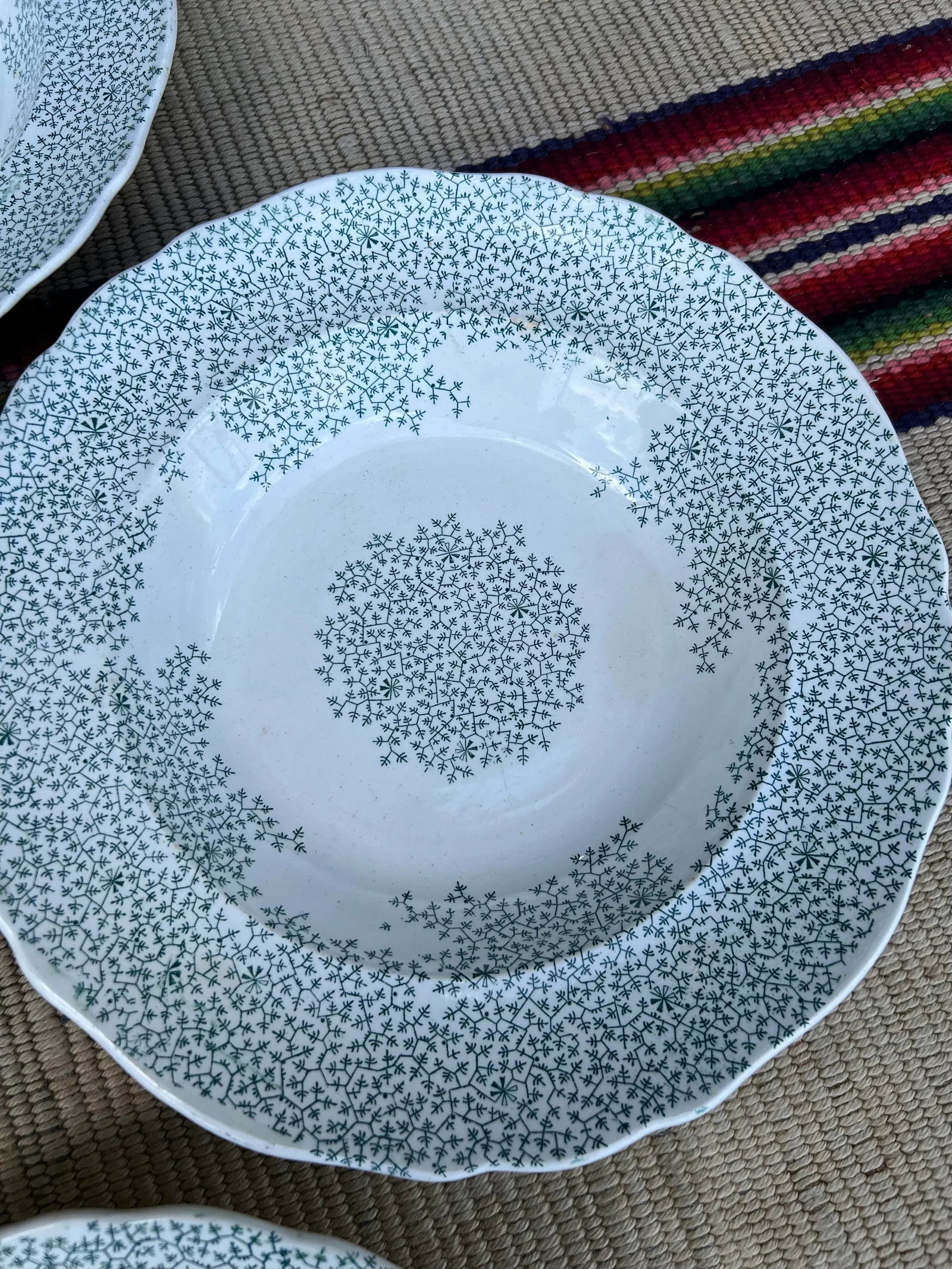 Circa 1830s Green Transferware Staffordshire Soup Plates, "Fibre" Pattern- Set of 7 - 2