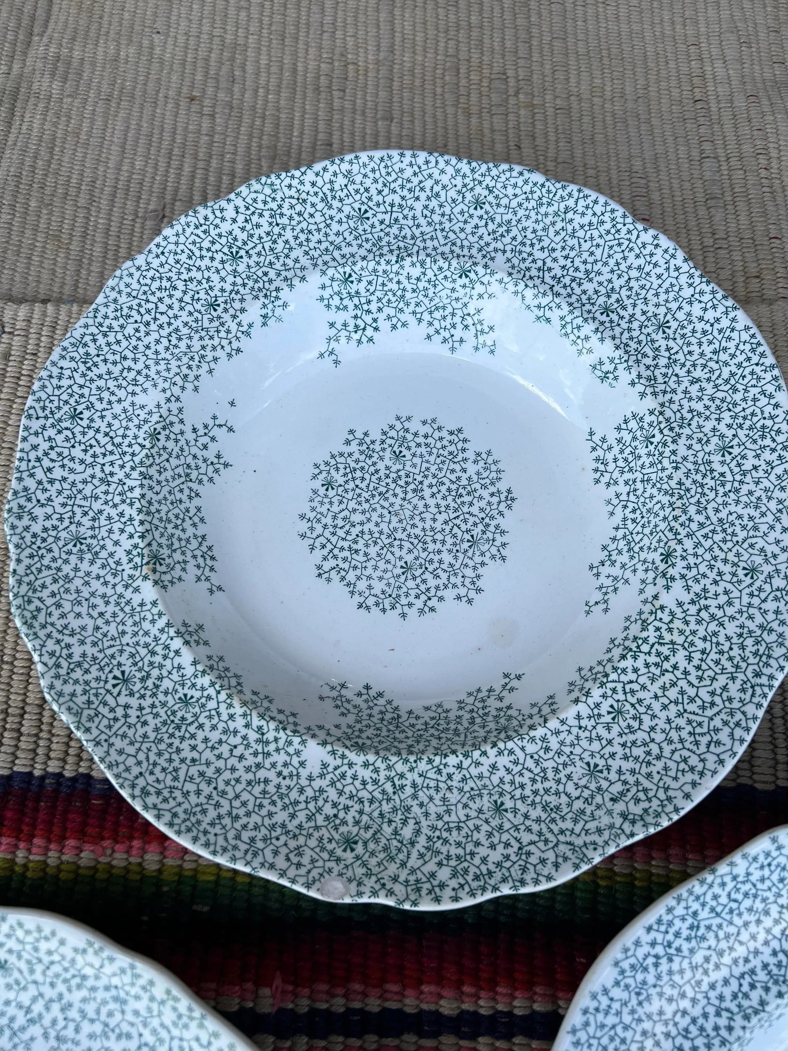Circa 1830s Green Transferware Staffordshire Soup Plates, "Fibre" Pattern- Set of 7 - 3